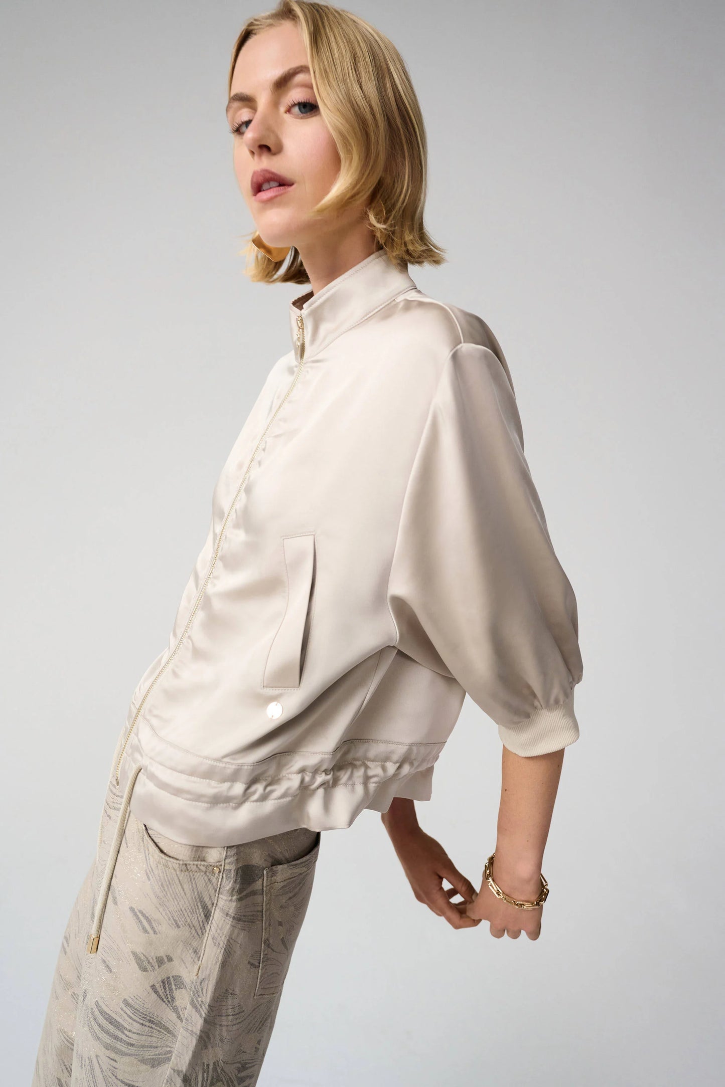 Joseph Ribkoff -Satin Boxy Blouson Jacket With Drawstring Hem