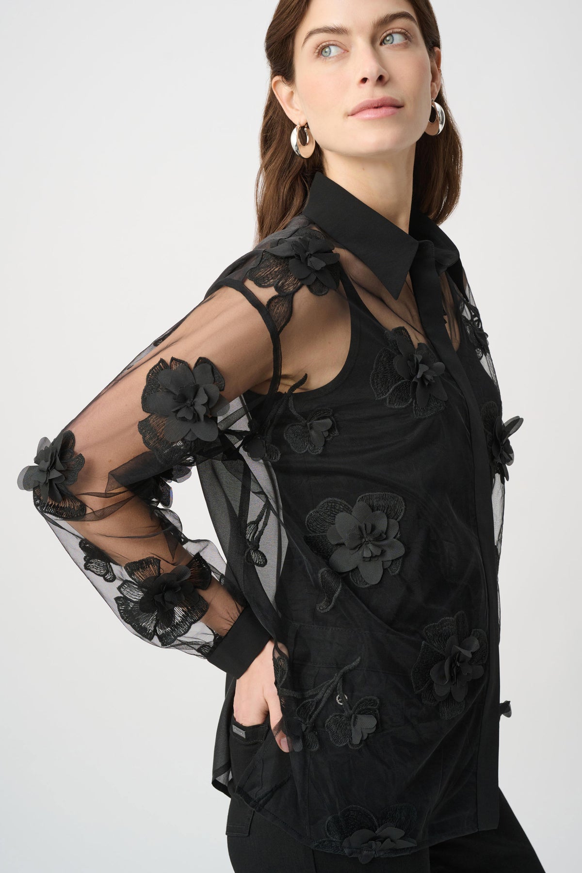 Joseph Ribkoff- Sheer Textured Flower Appliqué Blouse