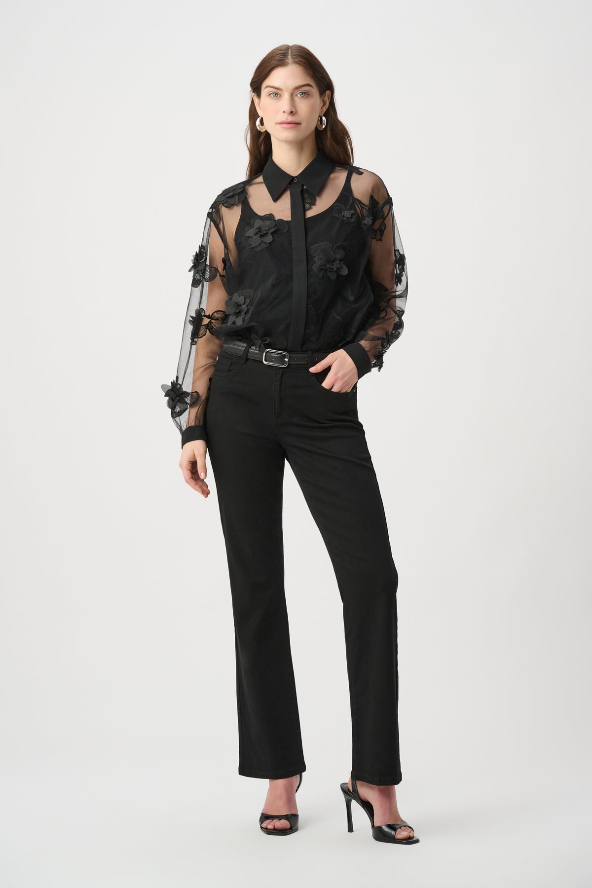 Joseph Ribkoff- Sheer Textured Flower Appliqué Blouse