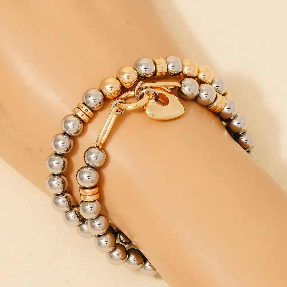 Heart Charm Two Tone Beaded Bracelet Set