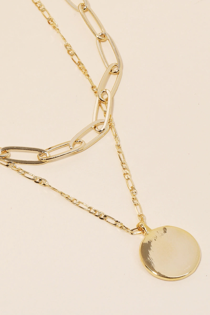 Layered Chain Circle Disc Pendant Necklace