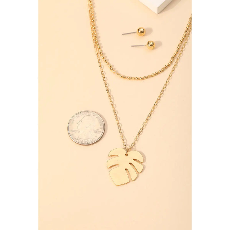 Layered Chain Link Monstera Leaf Pendant Necklace Set