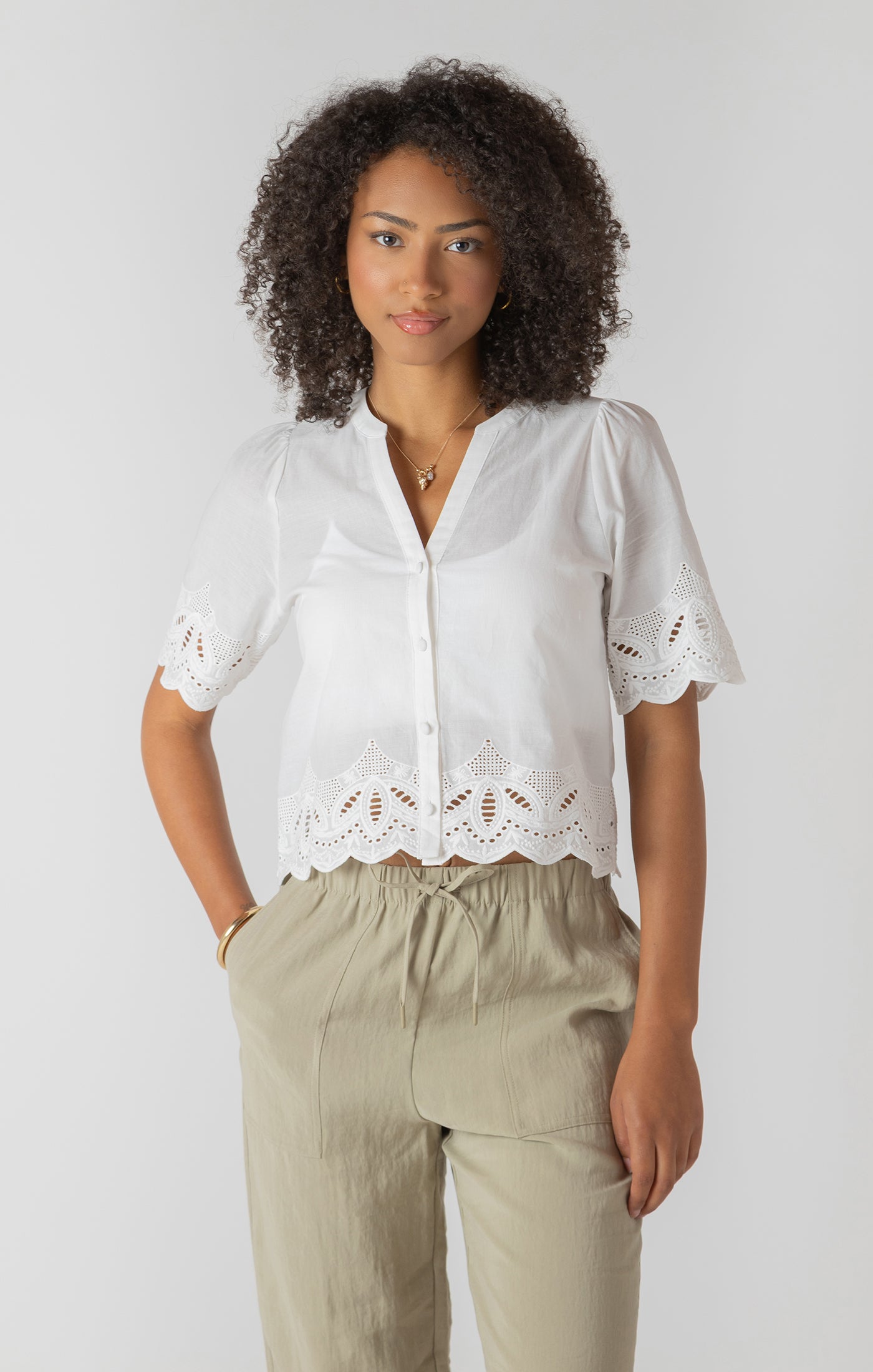 Room 34- Breezy Eyelet Trim Blouse