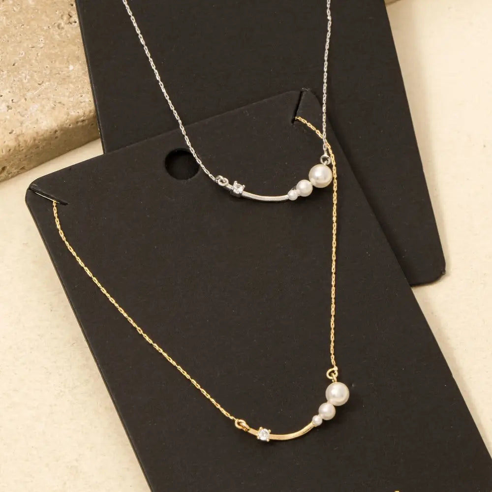 Pearl and Cz Bar Pendant Dainty Chain Necklace