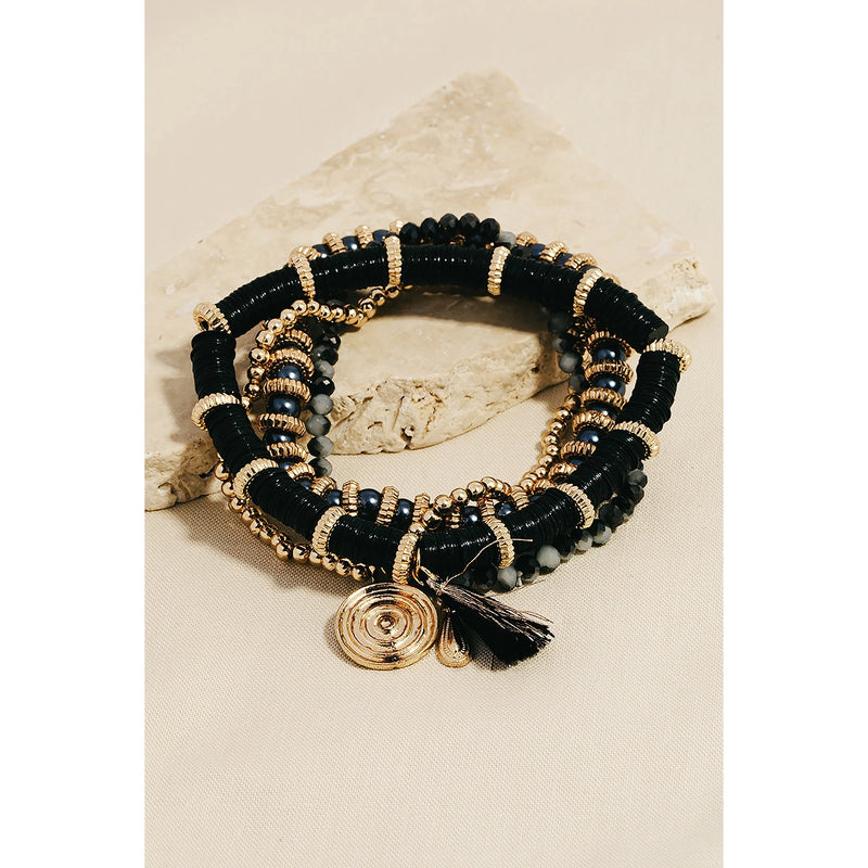 Coin and Tassel Charm Mixed Beaded Bracelet Set