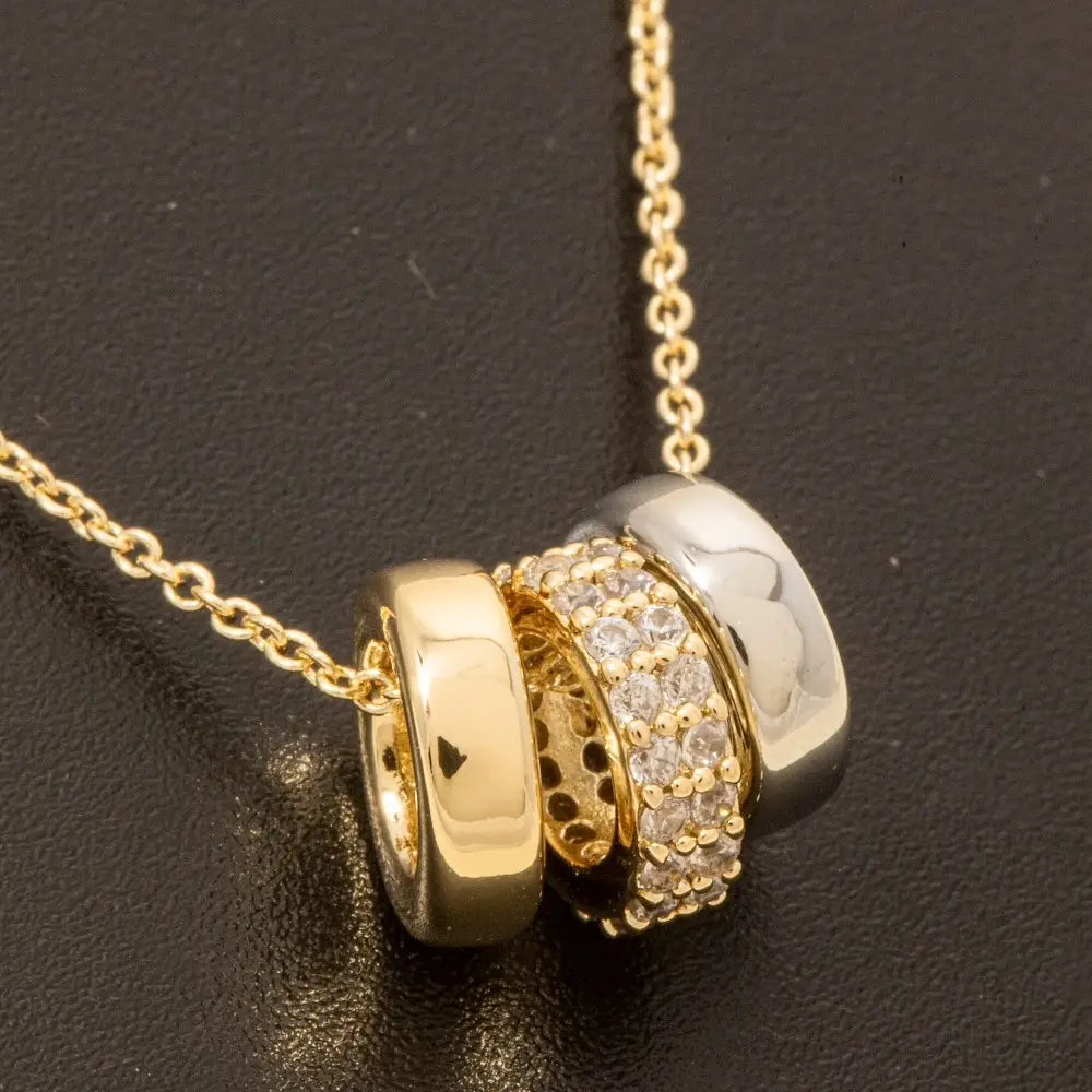 Gold Dipped Cz Triple Ring Charm Necklace