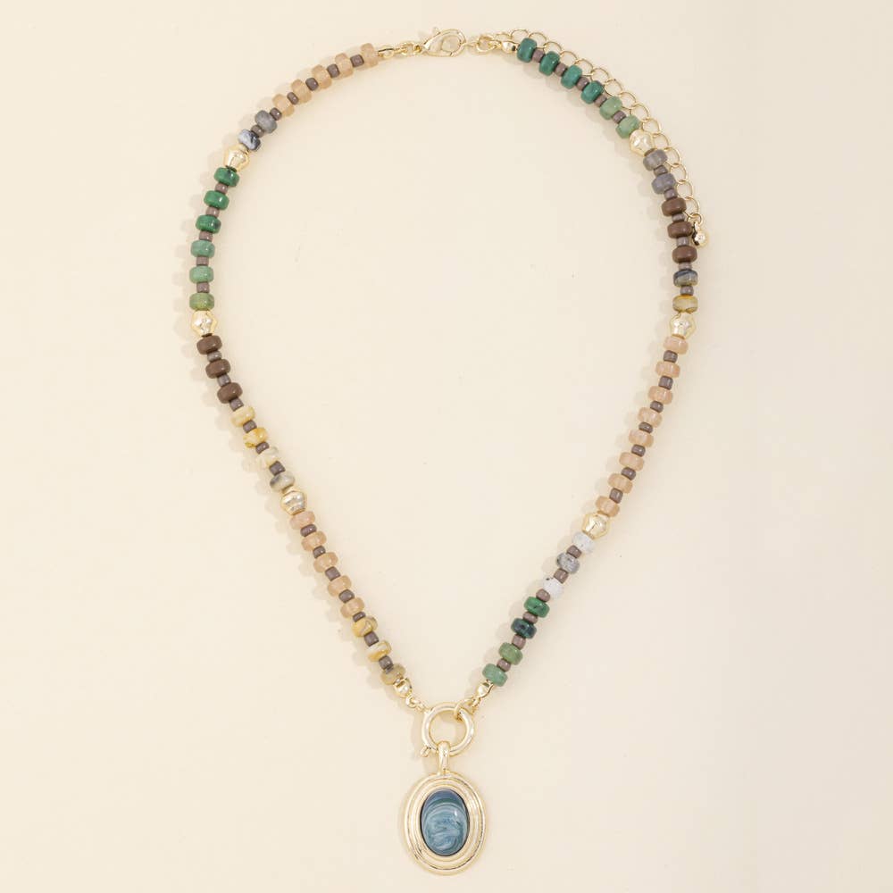 Chunky Bead Necklace With Oval Stone Pendant