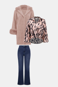 Joseph Ribkoff -Feather Yarn and Faux Fur Sweater Coat