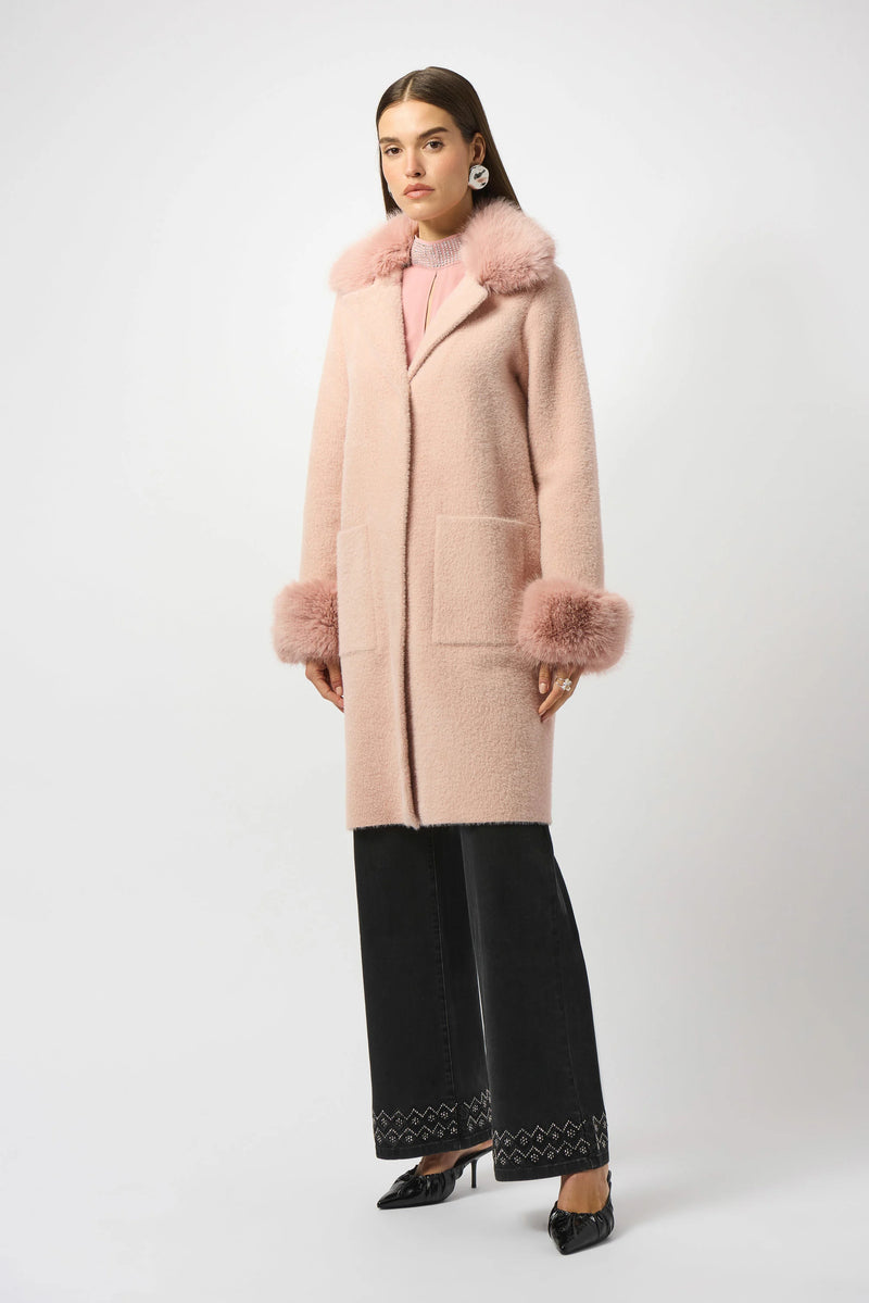 Joseph Ribkoff -Feather Yarn and Faux Fur Sweater Coat