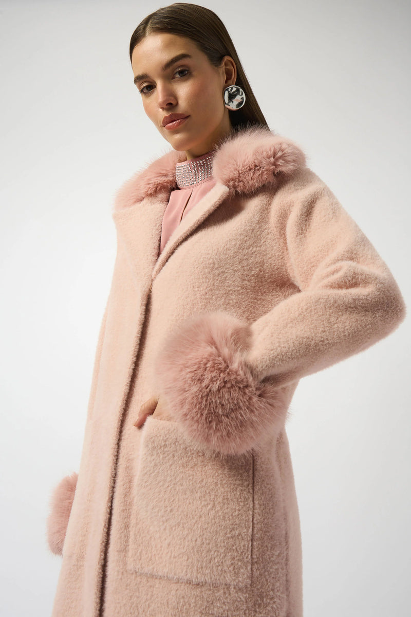 Joseph Ribkoff -Feather Yarn and Faux Fur Sweater Coat