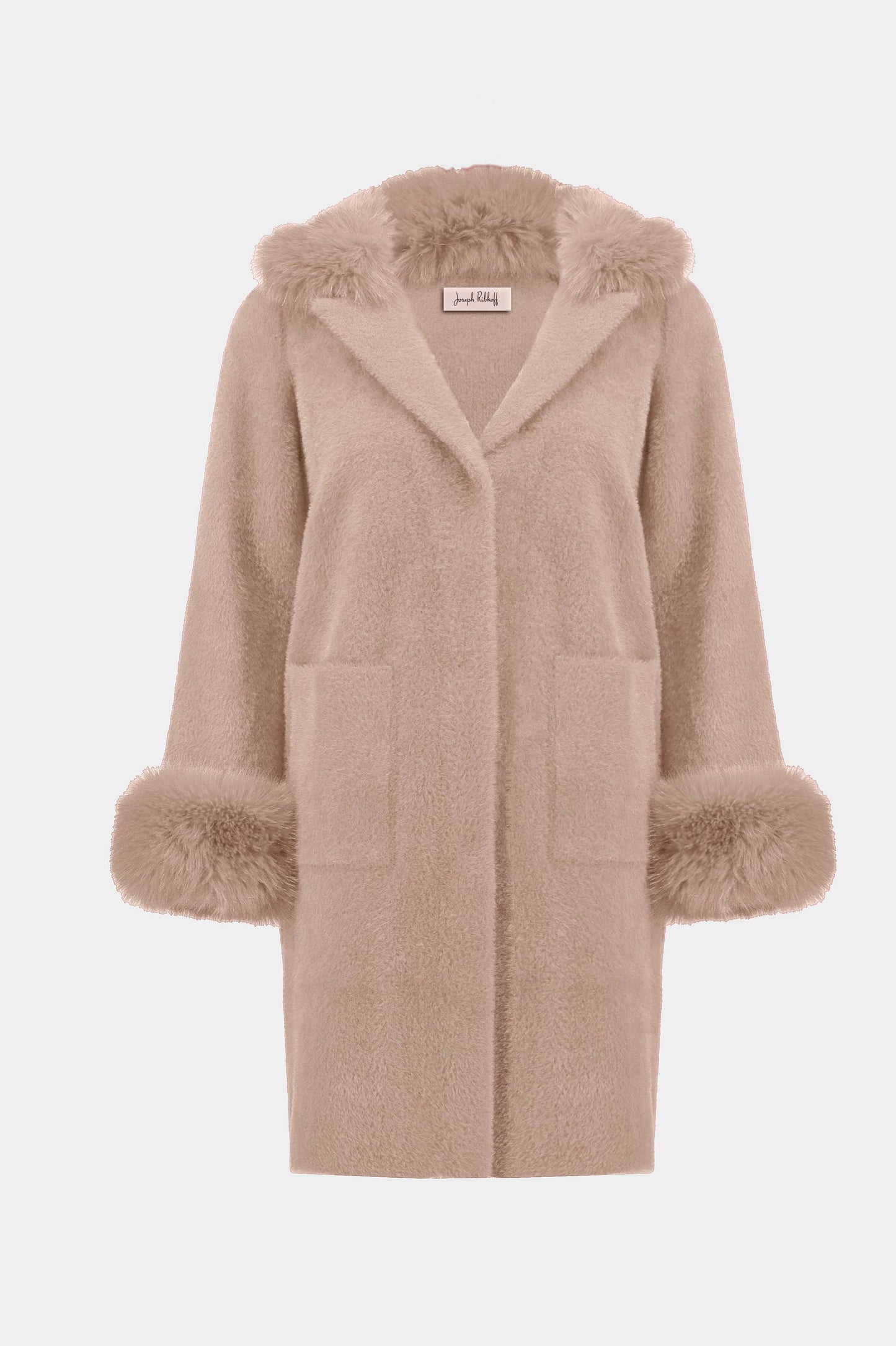 Joseph Ribkoff -Feather Yarn and Faux Fur Sweater Coat