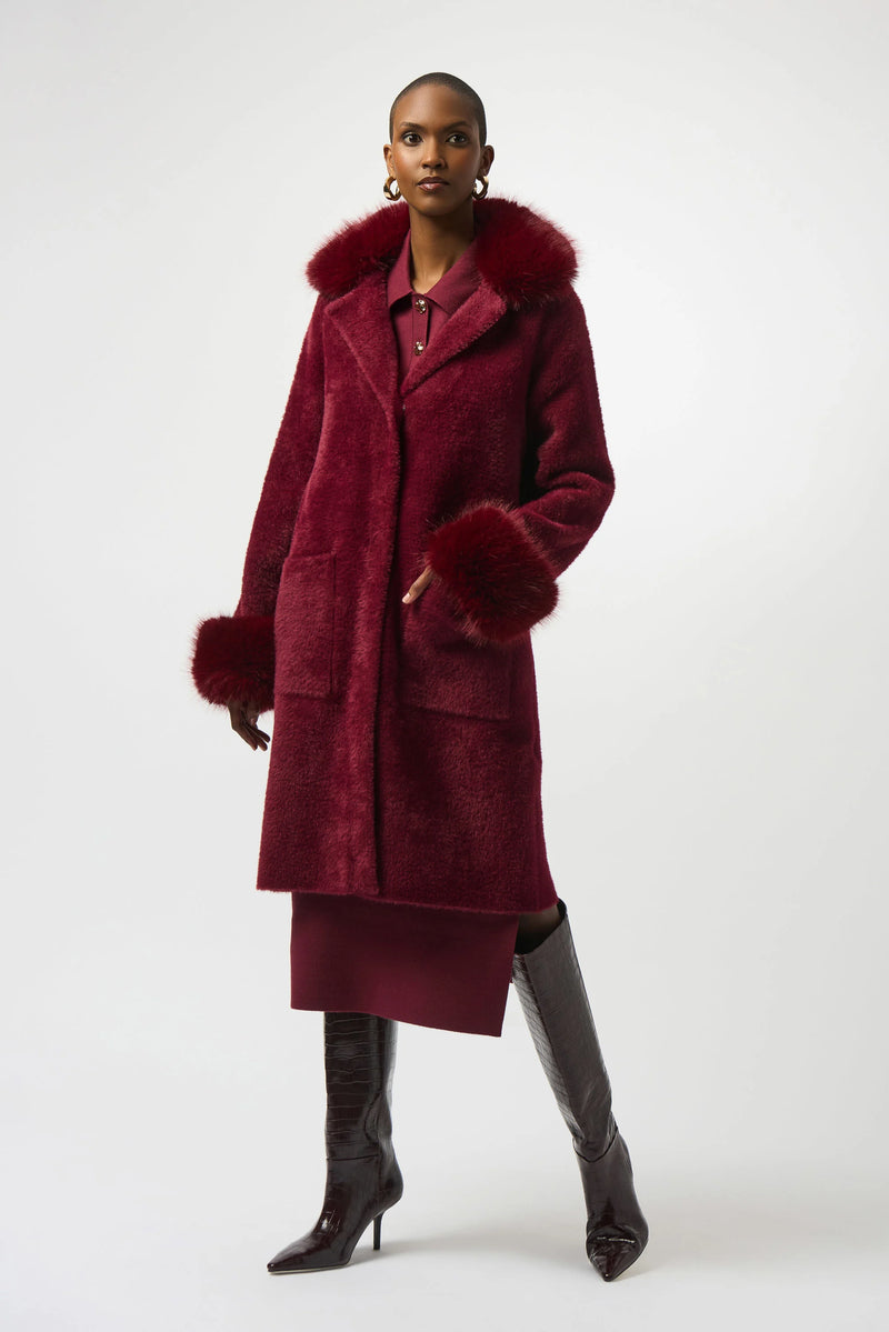Joseph Ribkoff -Feather Yarn and Faux Fur Sweater Coat