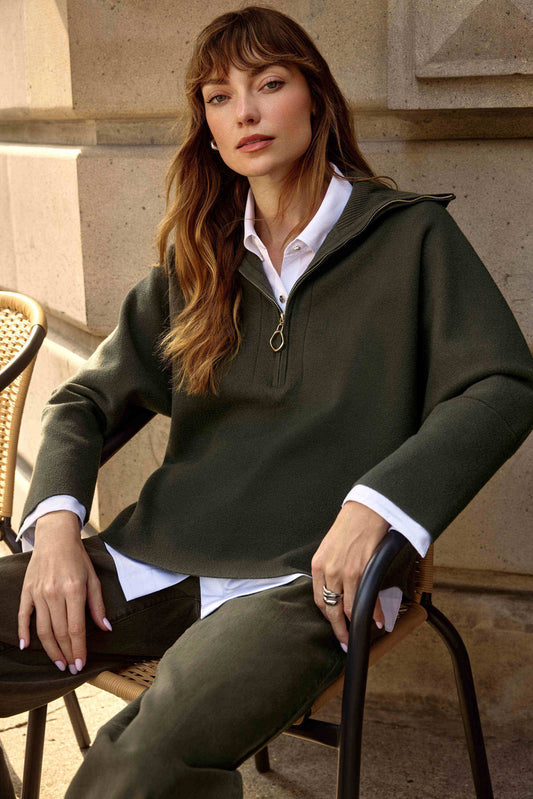 Joseph Ribkoff -Sweater Knit Boxy Pullover With Zipped Collar