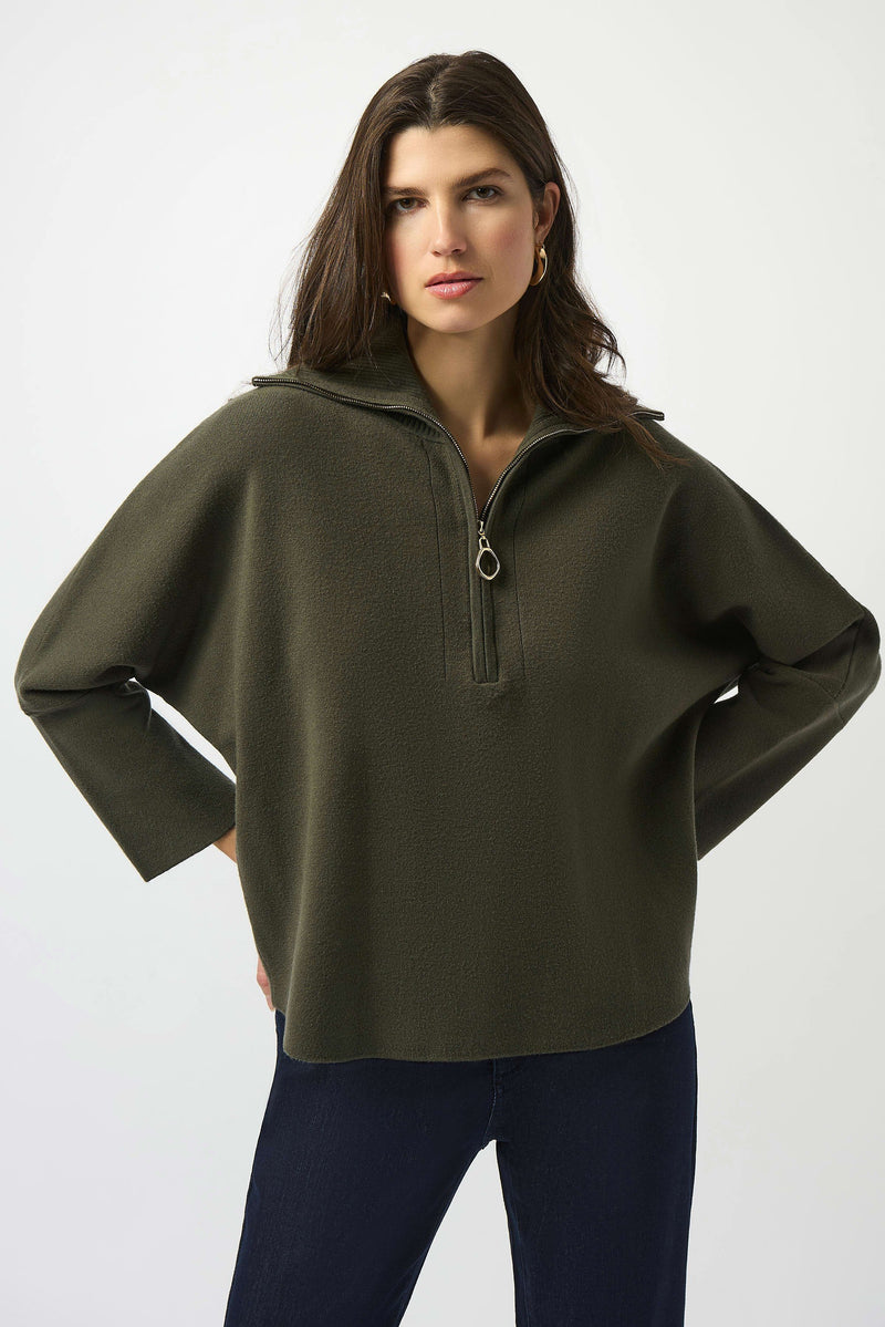 Joseph Ribkoff -Sweater Knit Boxy Pullover With Zipped Collar