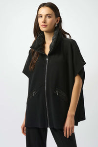Joseph Ribkoff -Faux Leather Trimmed Poncho Sleeve Jacket
