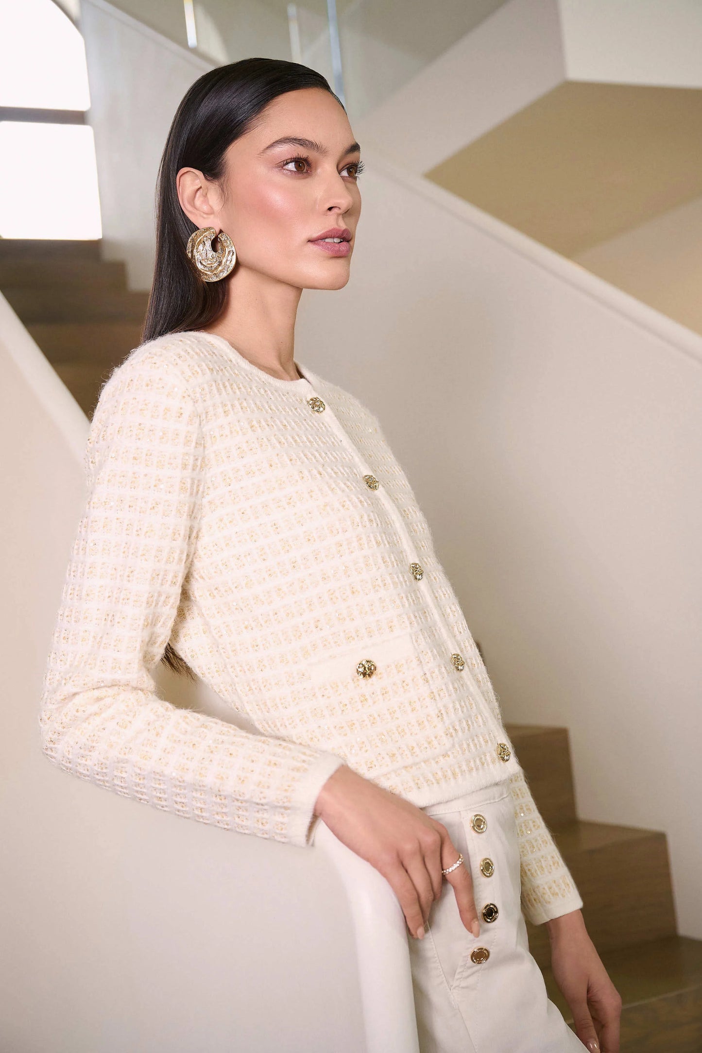 Joseph Ribkoff -Sequined Sweater Knit Cardigan with Gold Buttons