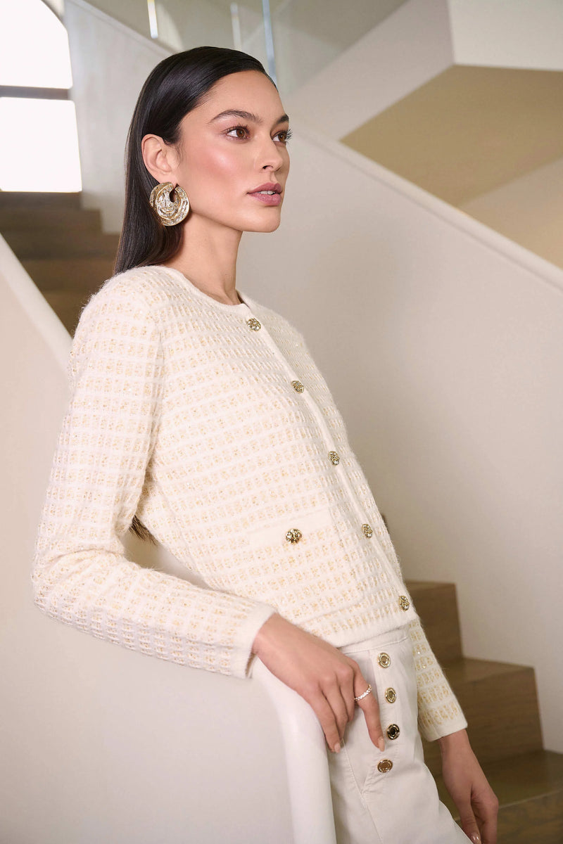 Joseph Ribkoff -Sequined Sweater Knit Cardigan with Gold Buttons