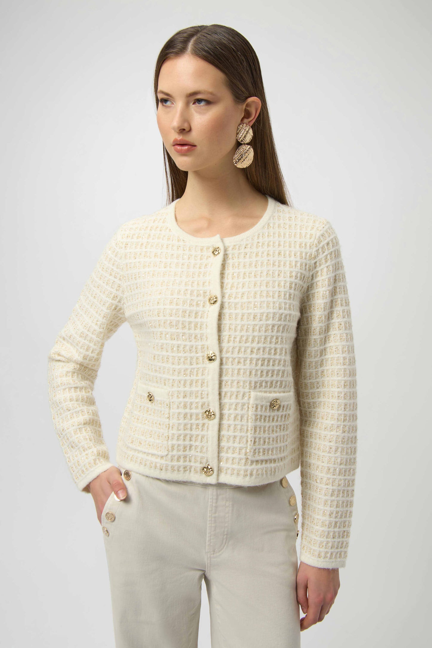 Joseph Ribkoff -Sequined Sweater Knit Cardigan with Gold Buttons