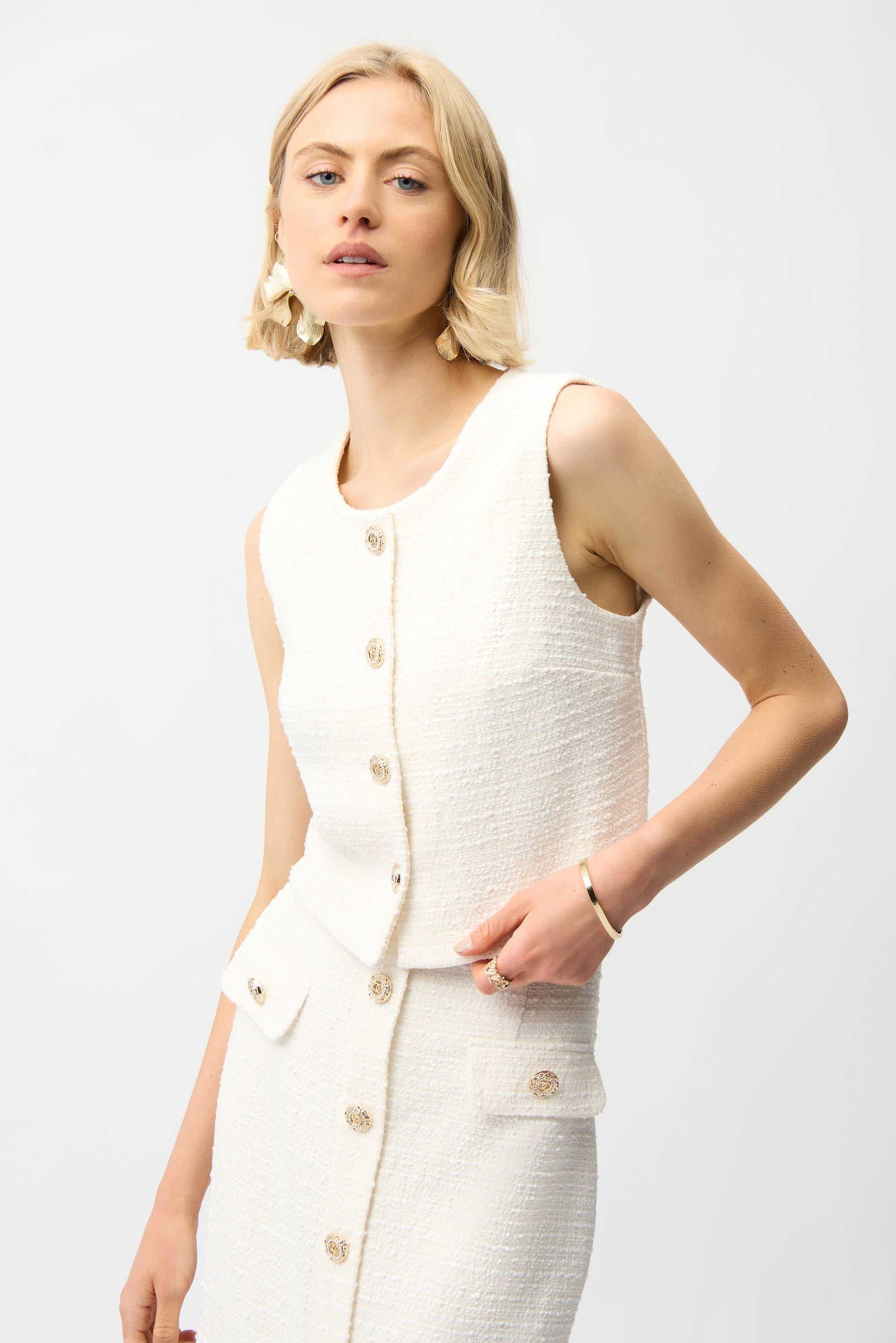 Joseph Ribkoff -Bouclé Sleeveless Vest With Gold Buttons