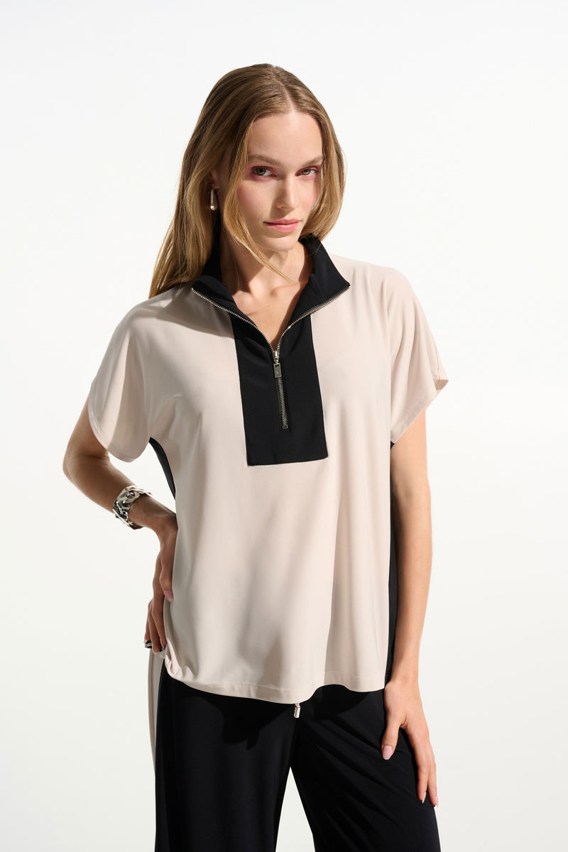 Josephy Ribkoff -Silky Knit Color Block Straight Top With Zipped Collar