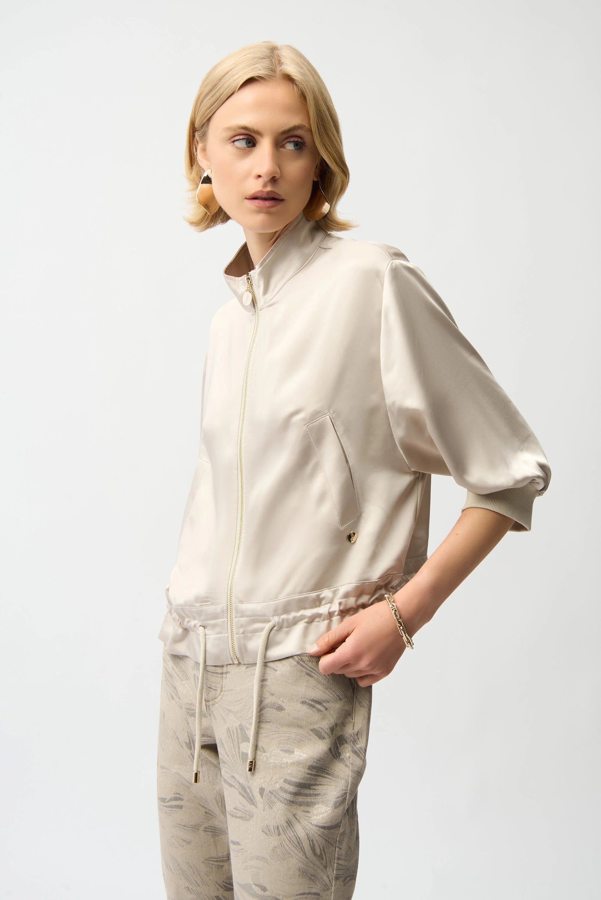 Joseph Ribkoff -Satin Boxy Blouson Jacket With Drawstring Hem