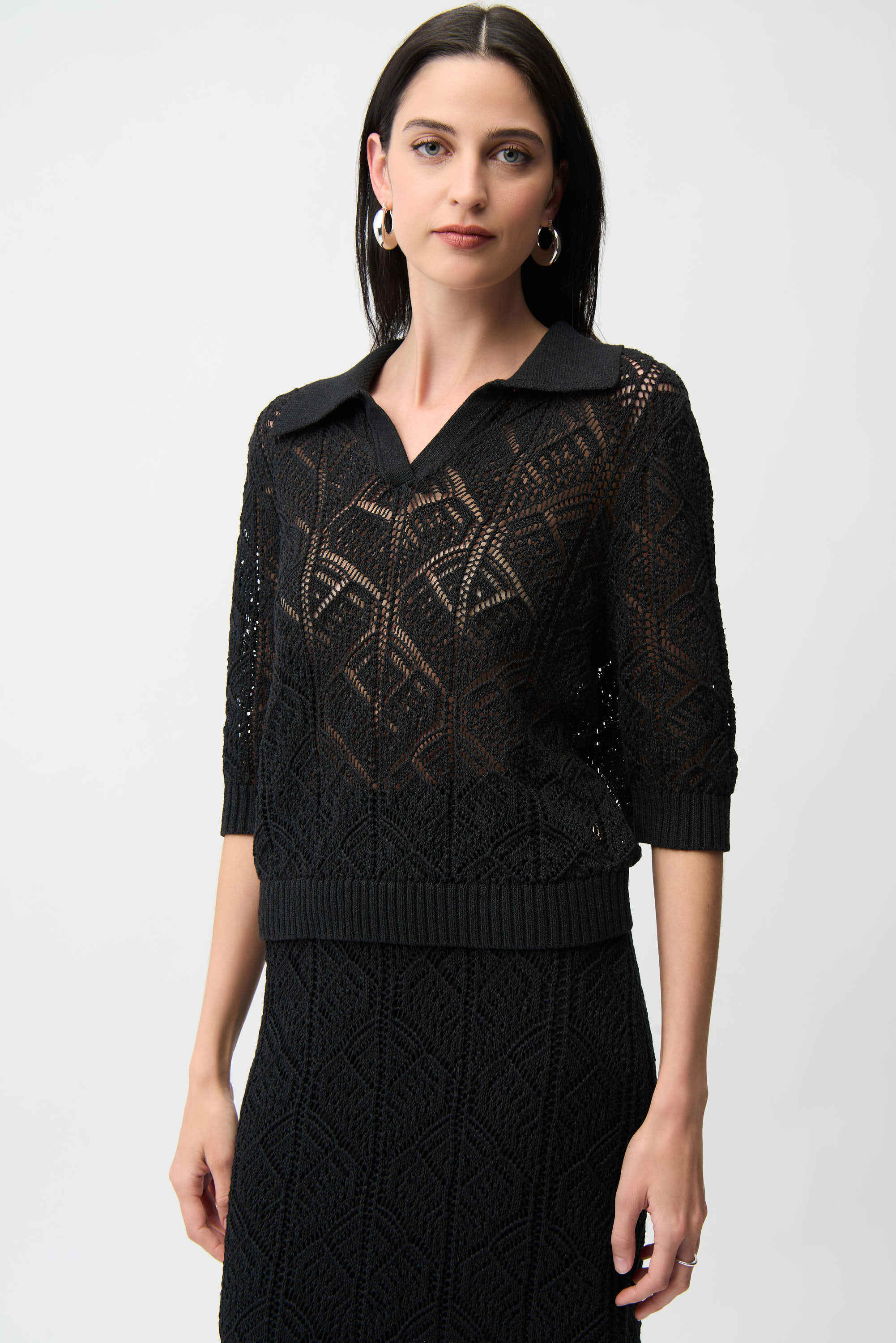 Joseph Ribkoff -Cotton Blend Open Stitch Sweater with Polo Collar