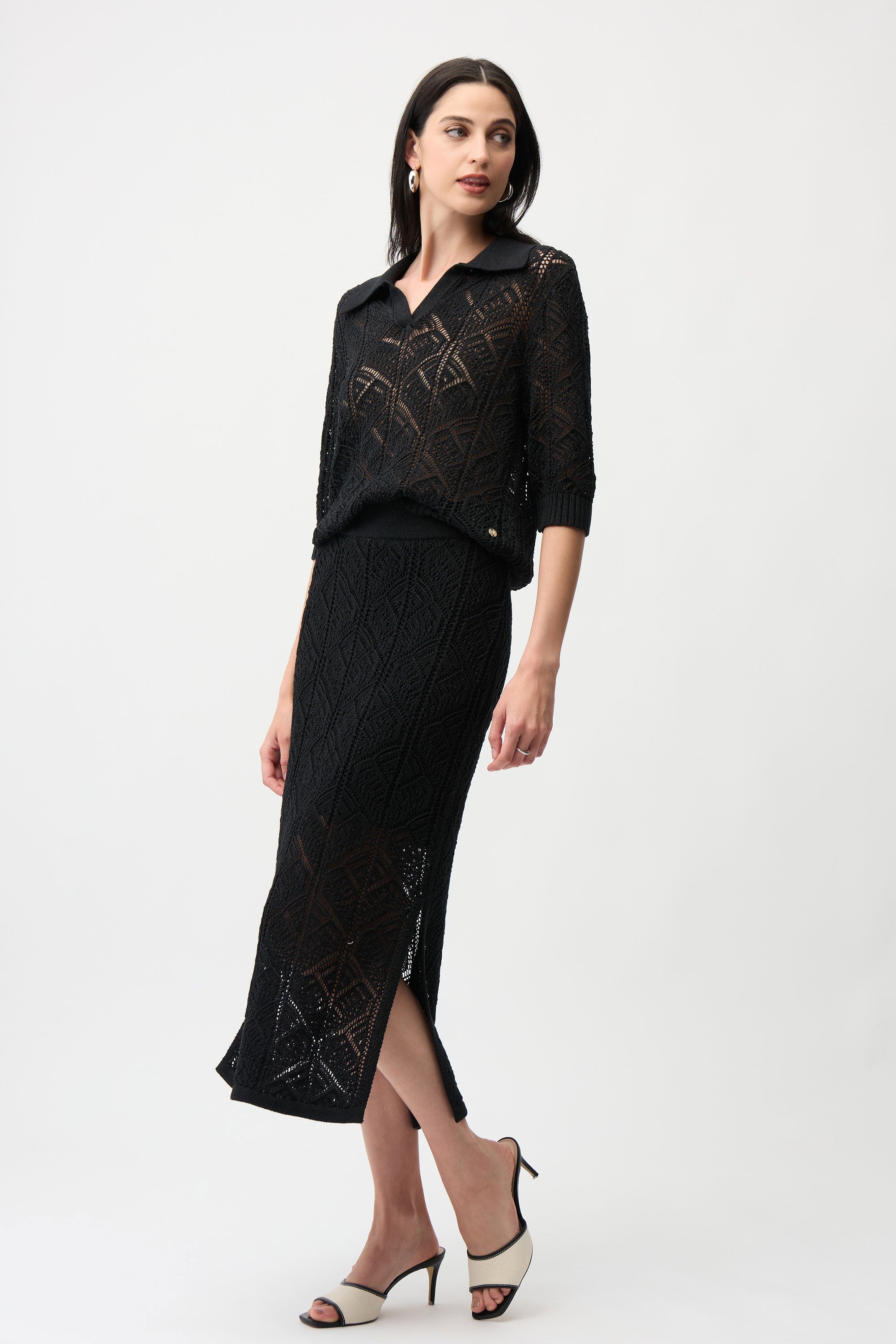 Joseph Ribkoff -Cotton Blend Open Stitch Sweater with Polo Collar