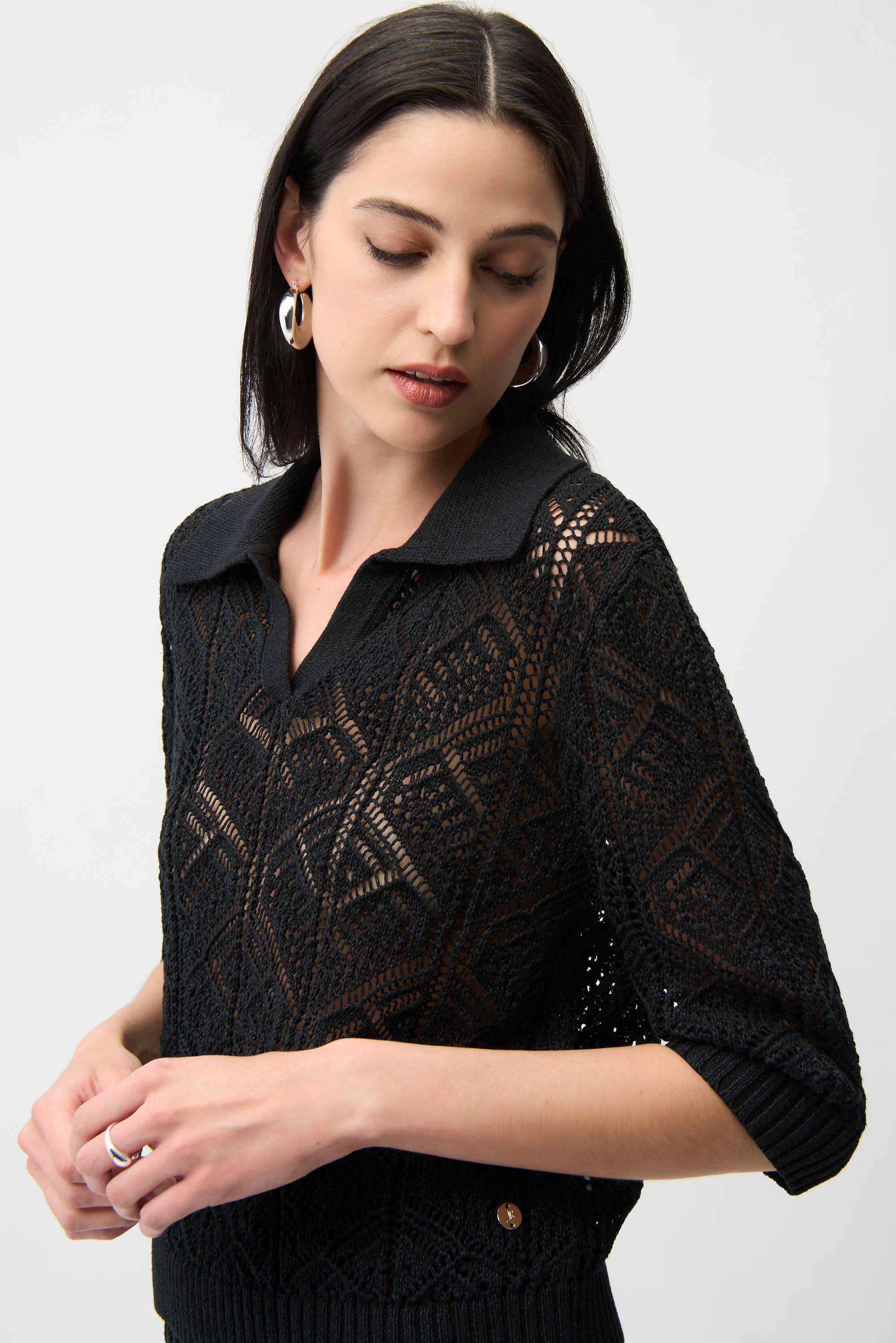 Joseph Ribkoff -Cotton Blend Open Stitch Sweater with Polo Collar