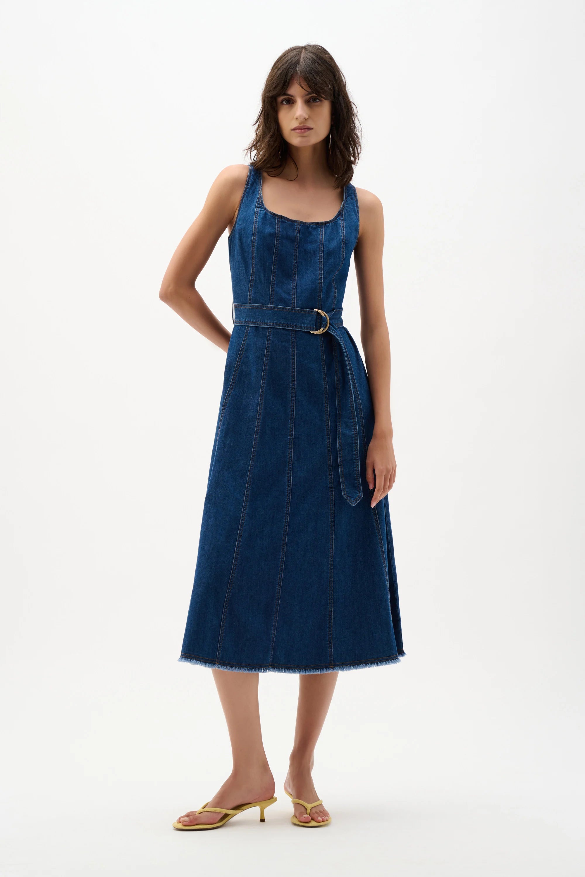 Joseph Ribkoff -Denim Fit And Flare Midi Dress With Belt