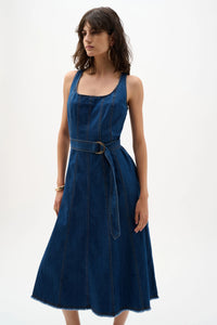 Joseph Ribkoff -Denim Fit And Flare Midi Dress With Belt