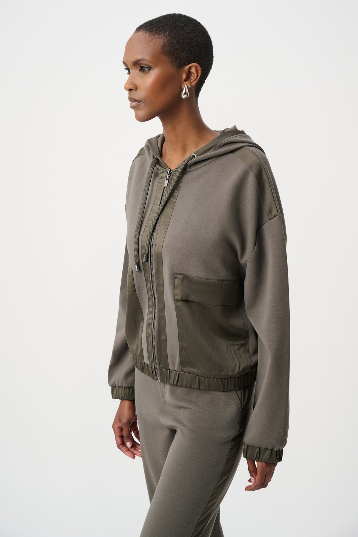 Joseph Ribkoff -Scuba Jersey And Satin Hooded Boxy Jacket