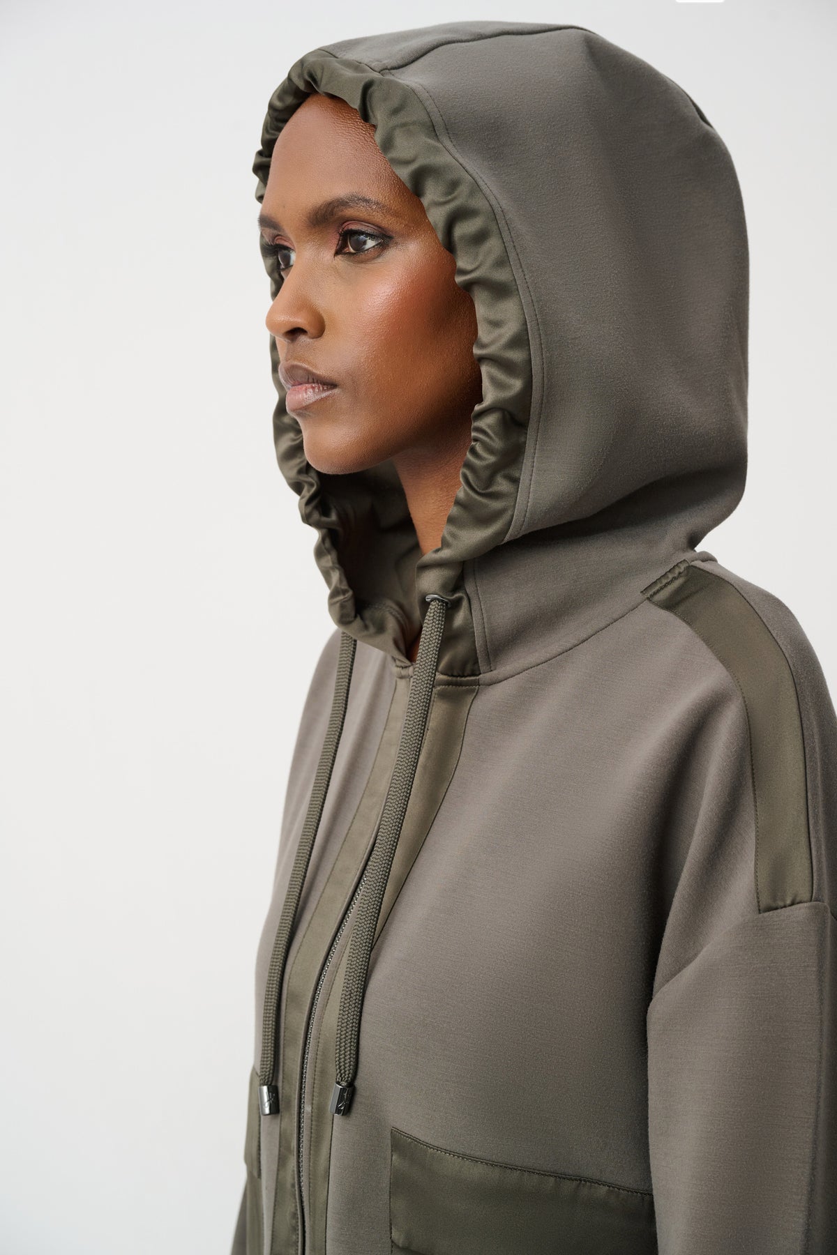 Joseph Ribkoff -Scuba Jersey And Satin Hooded Boxy Jacket