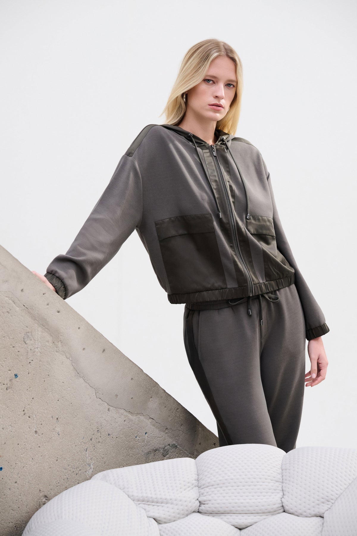 Joseph Ribkoff -Scuba Jersey And Satin Hooded Boxy Jacket