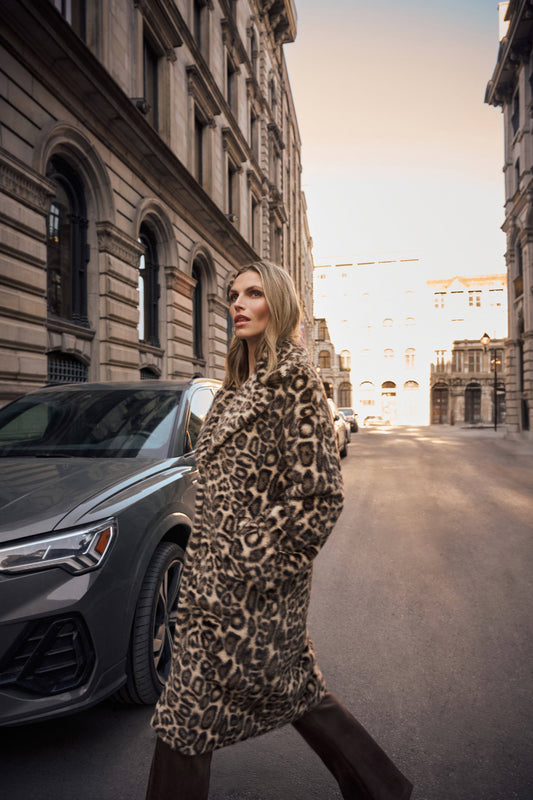 Joseph Ribkoff -Faux Fur Leopard Print Straight Coat