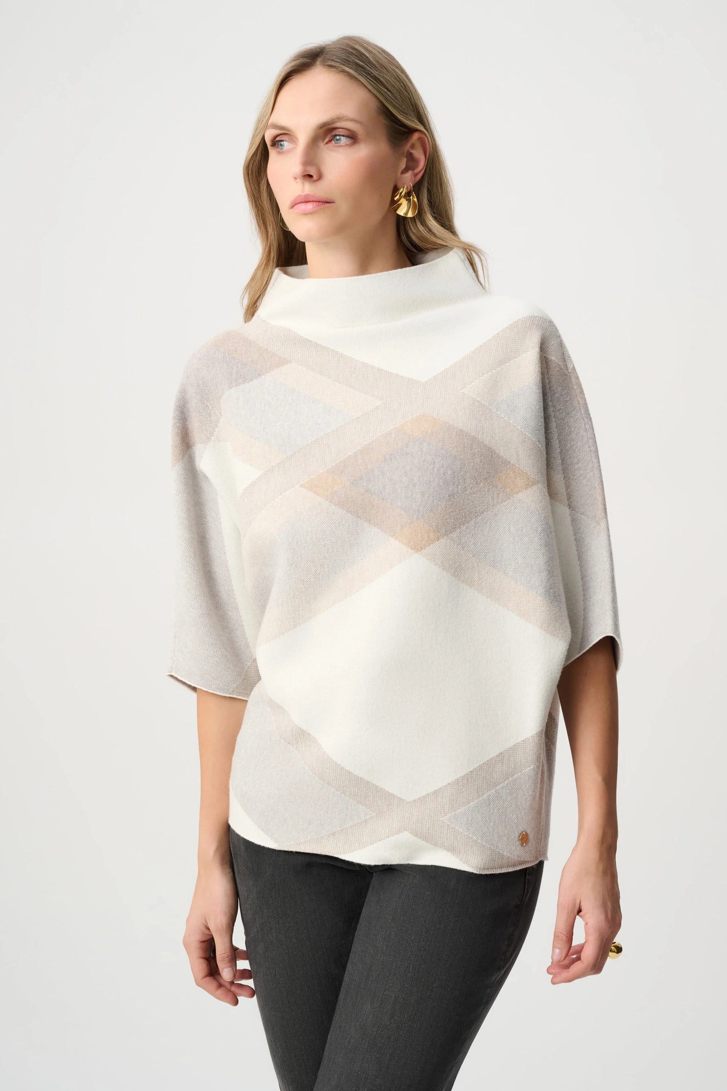 Joseph Ribkoff -Brushed Viscose And Nylon Plaid Funnel-Neck Sweater