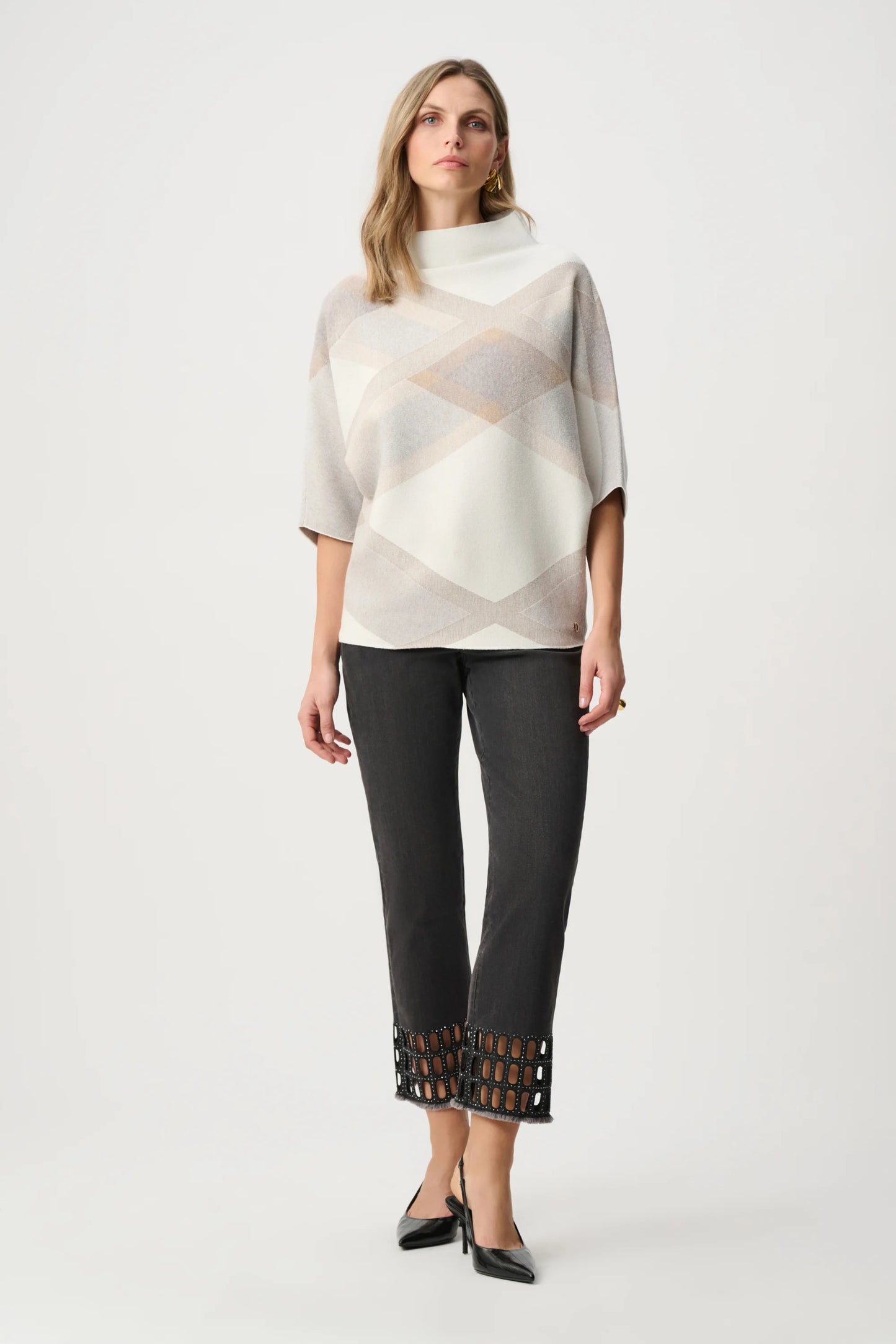 Joseph Ribkoff -Brushed Viscose And Nylon Plaid Funnel-Neck Sweater