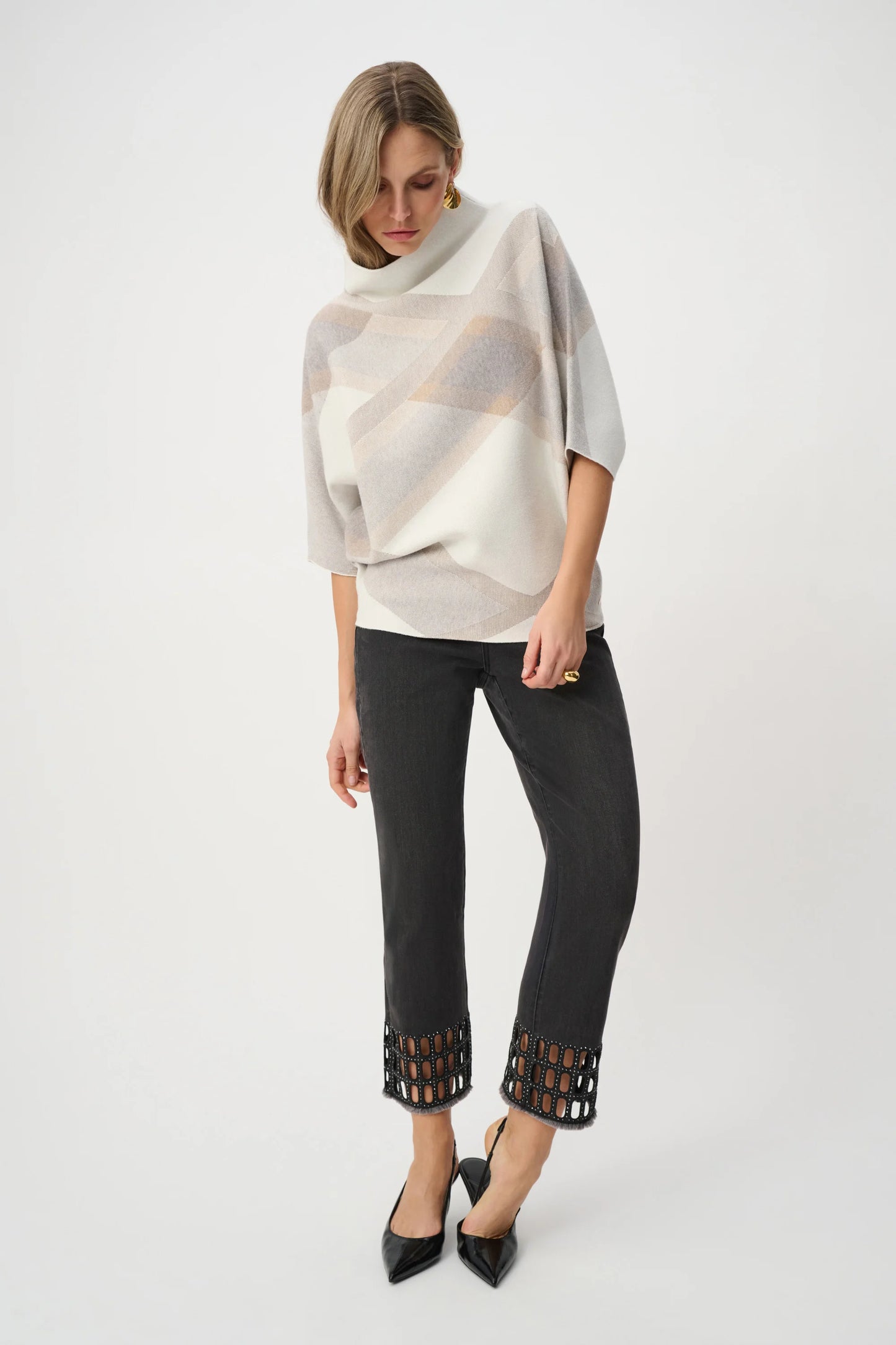 Joseph Ribkoff -Brushed Viscose And Nylon Plaid Funnel-Neck Sweater
