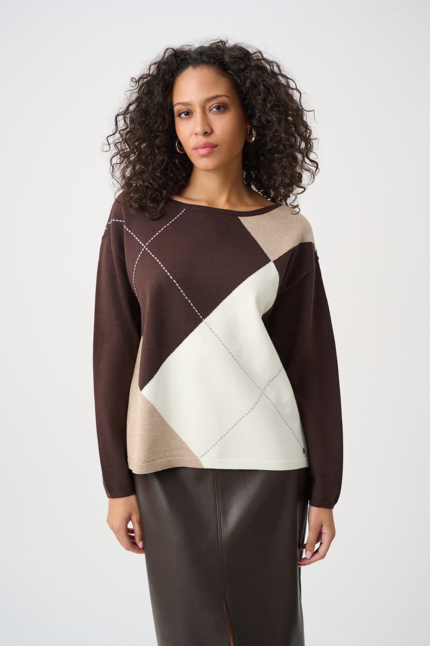 Joseph Ribkoff- Brushed Viscose Knit Argyle Pattern Crewneck Sweater
