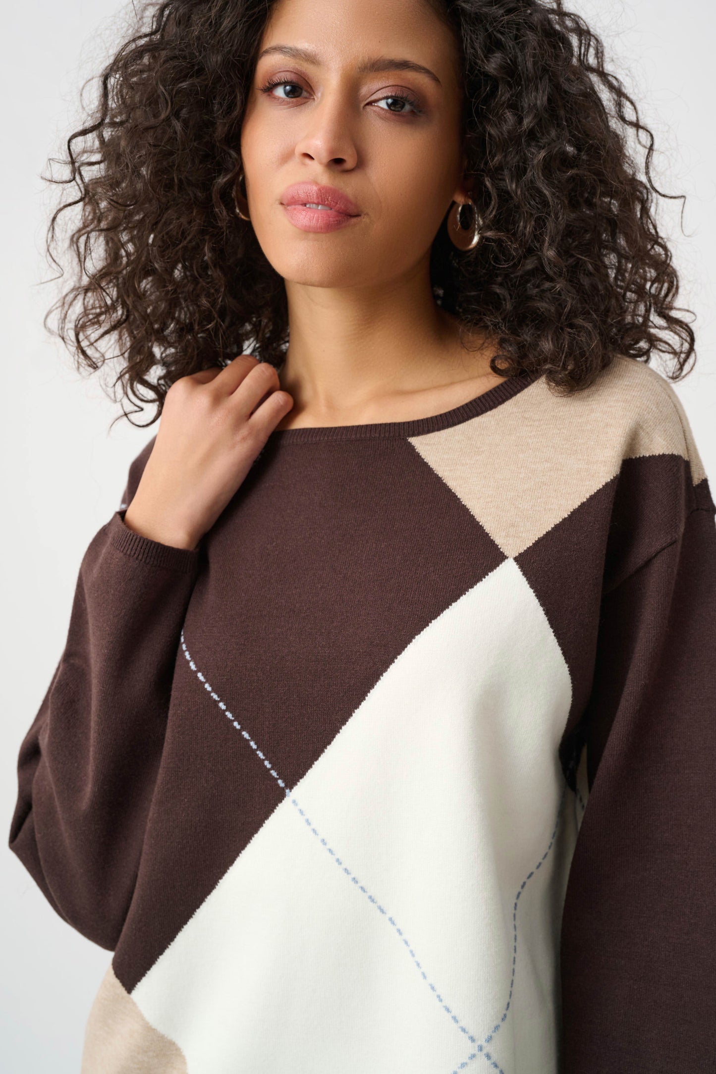 Joseph Ribkoff- Brushed Viscose Knit Argyle Pattern Crewneck Sweater