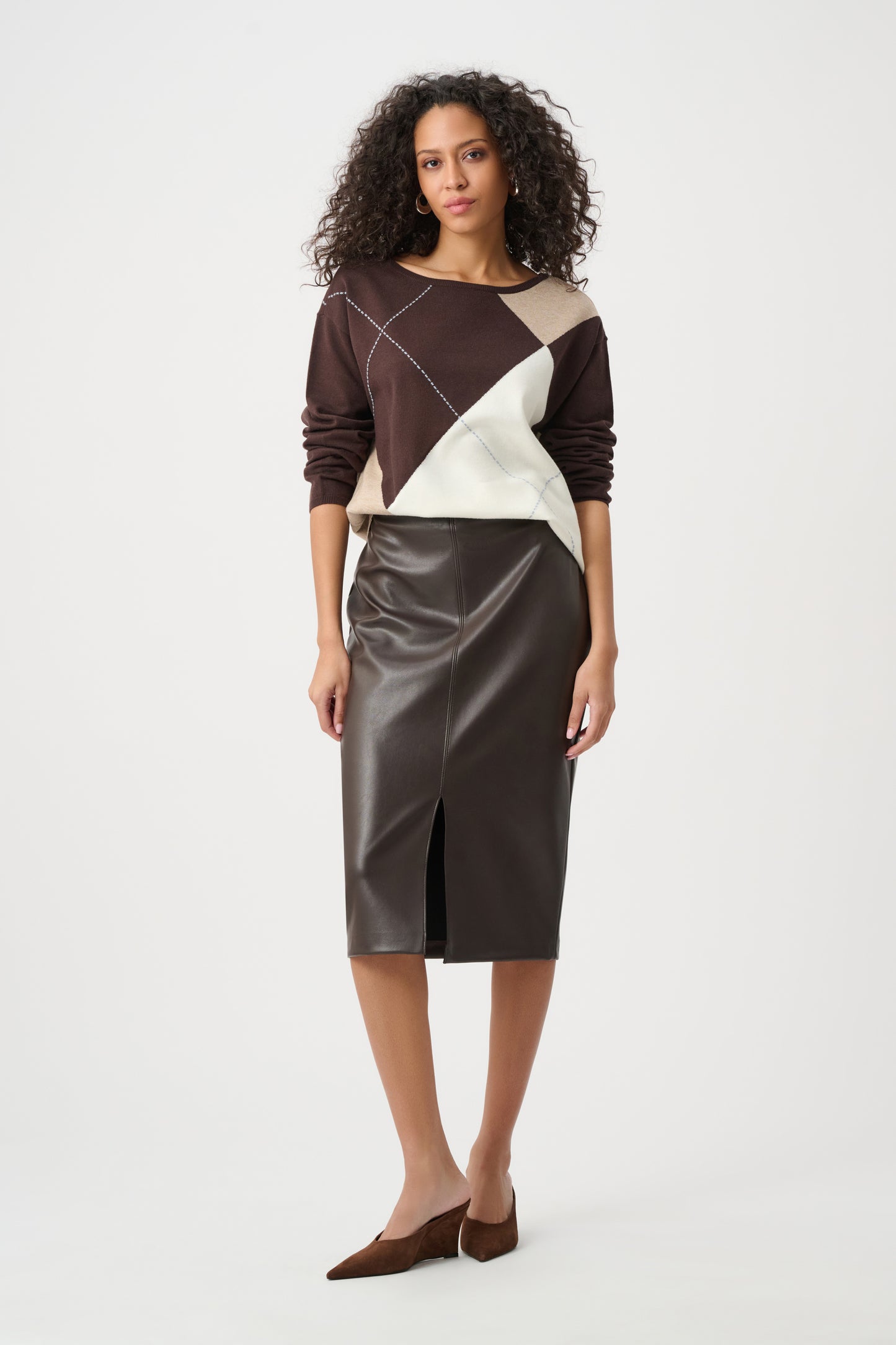 Joseph Ribkoff- Brushed Viscose Knit Argyle Pattern Crewneck Sweater