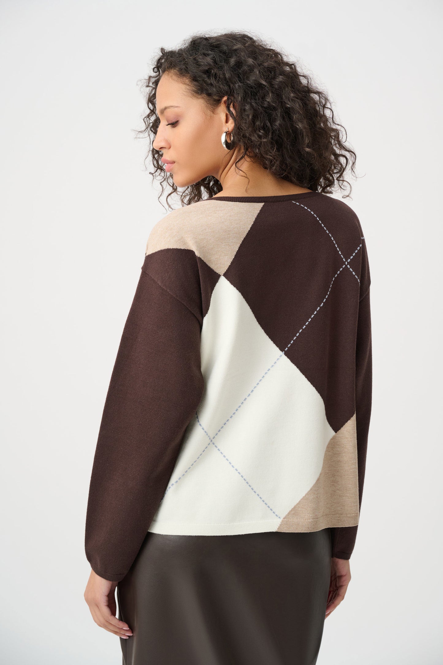 Joseph Ribkoff- Brushed Viscose Knit Argyle Pattern Crewneck Sweater
