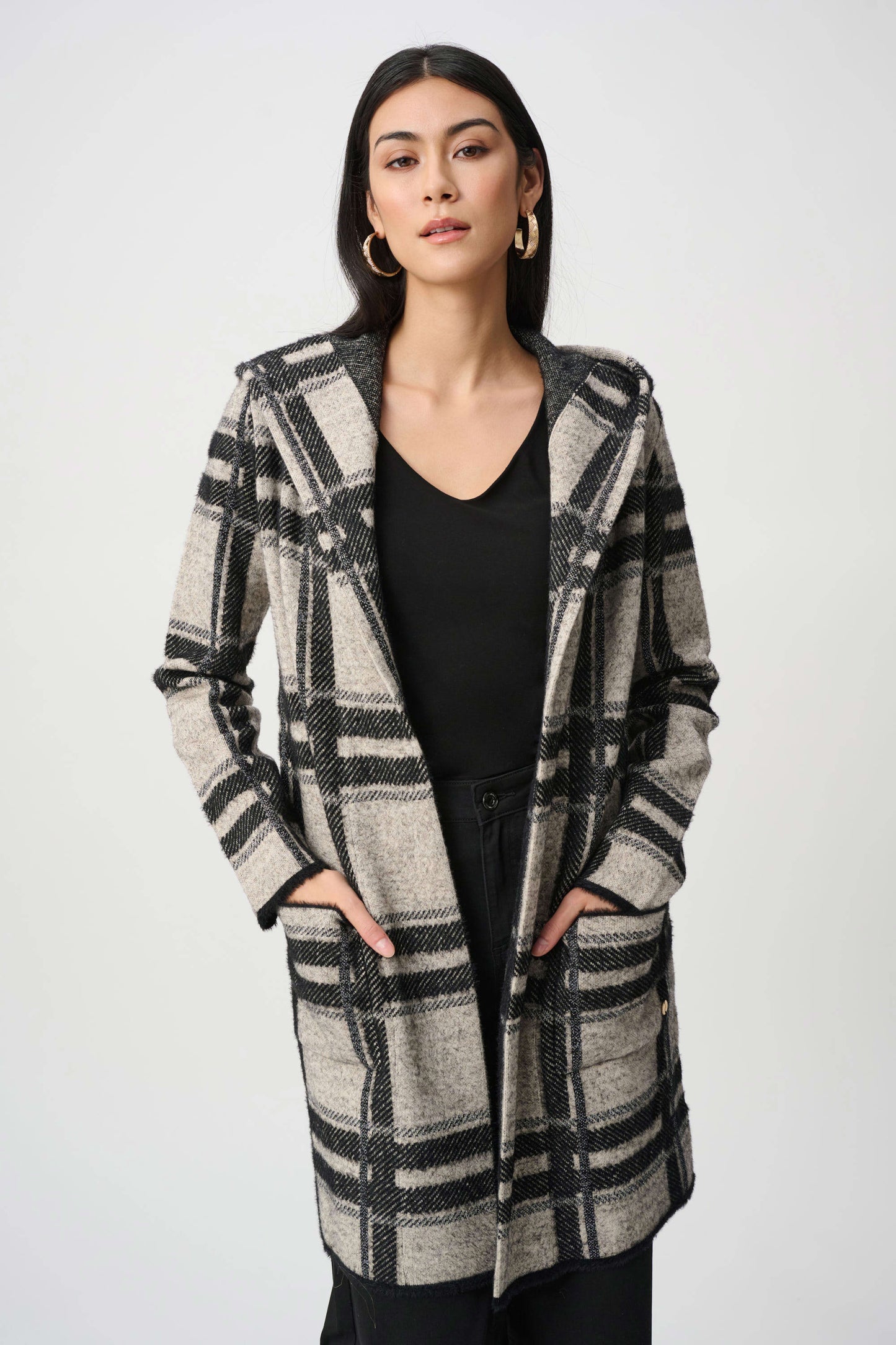 Joseph Ribkoff - Brushed Jacquard Plaid Hooded Jacket