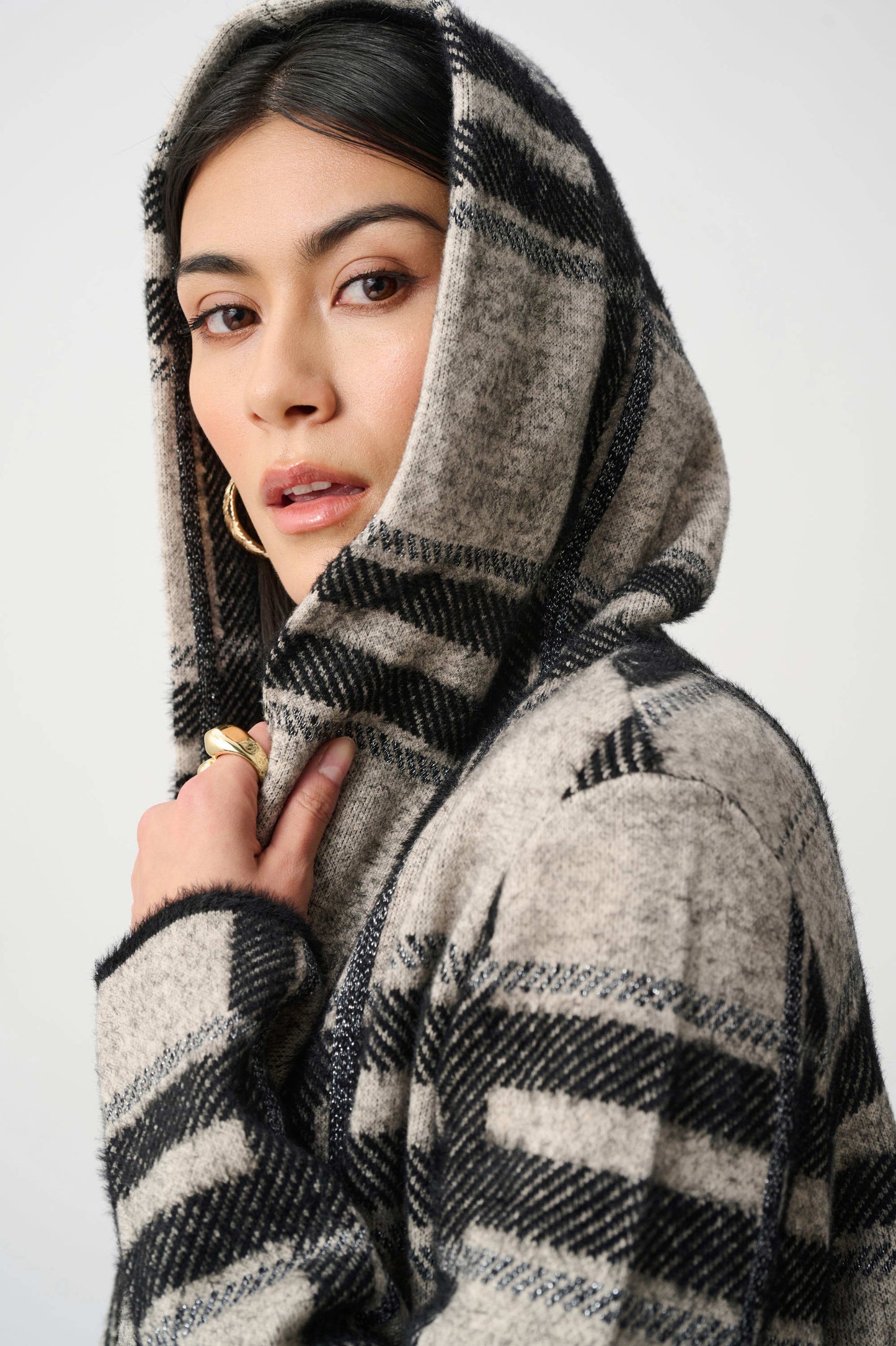 Joseph Ribkoff - Brushed Jacquard Plaid Hooded Jacket