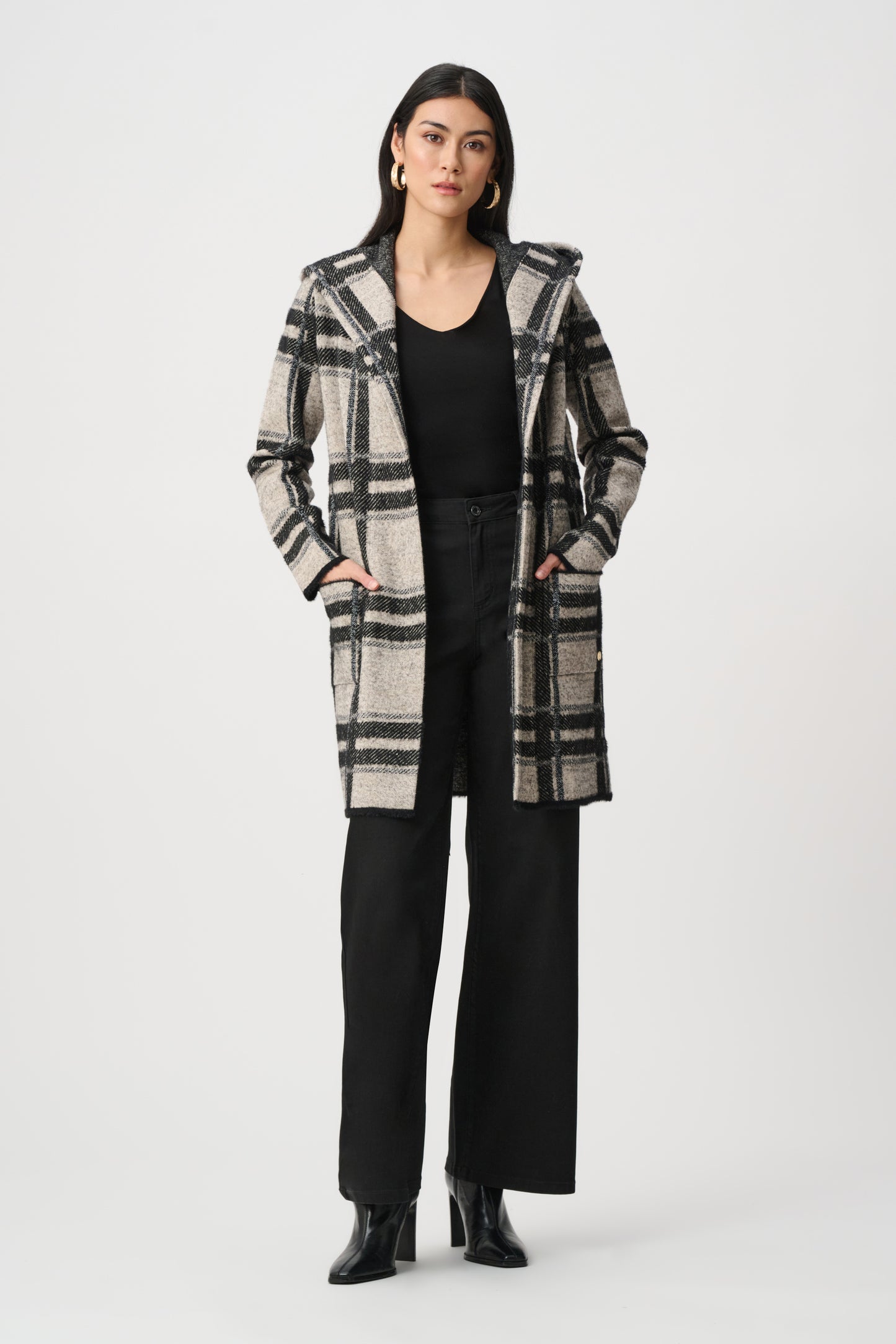 Joseph Ribkoff - Brushed Jacquard Plaid Hooded Jacket