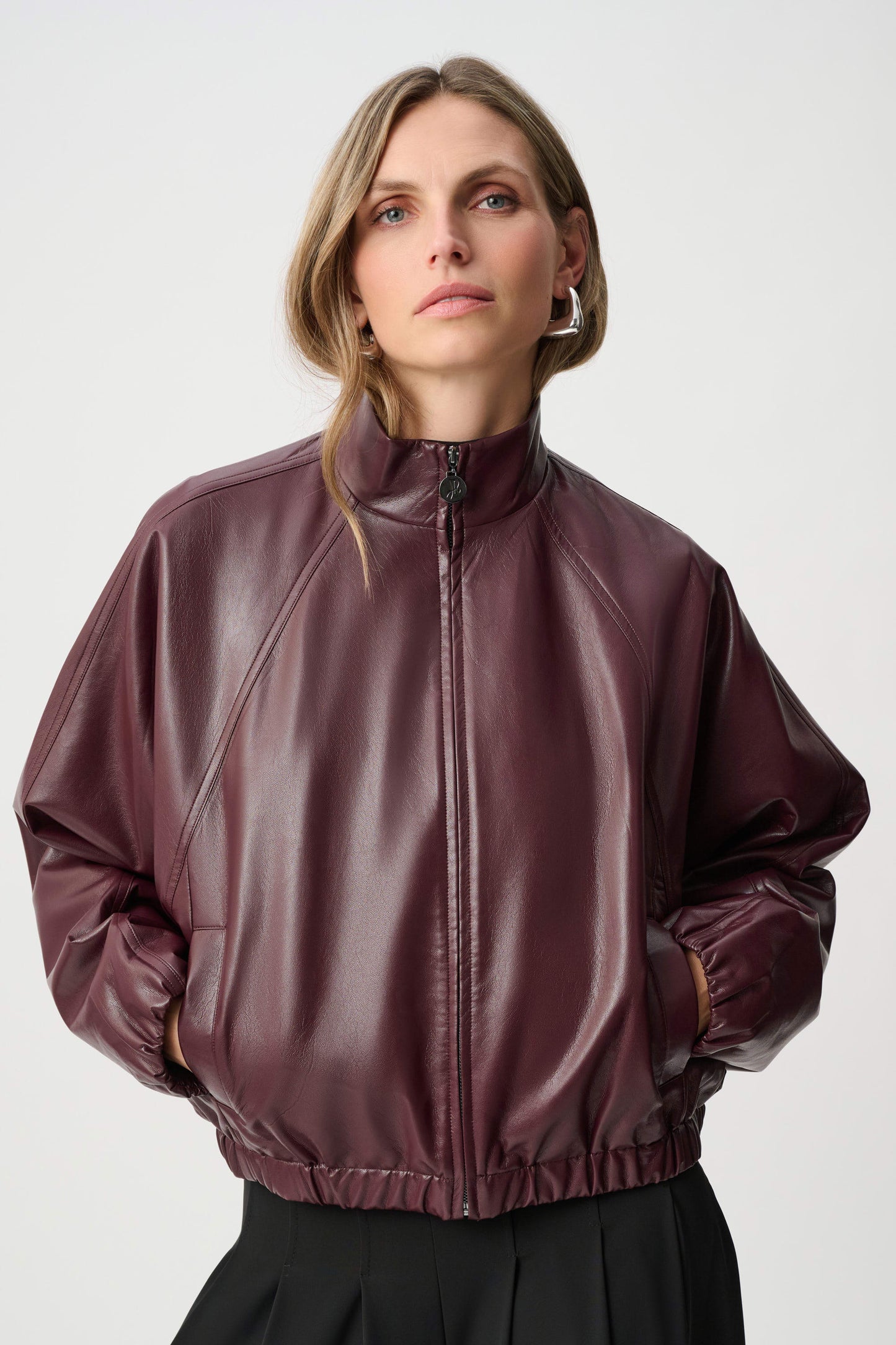 Joseph Ribkoff - Leatherette Mock-Neck Bomber Jacket