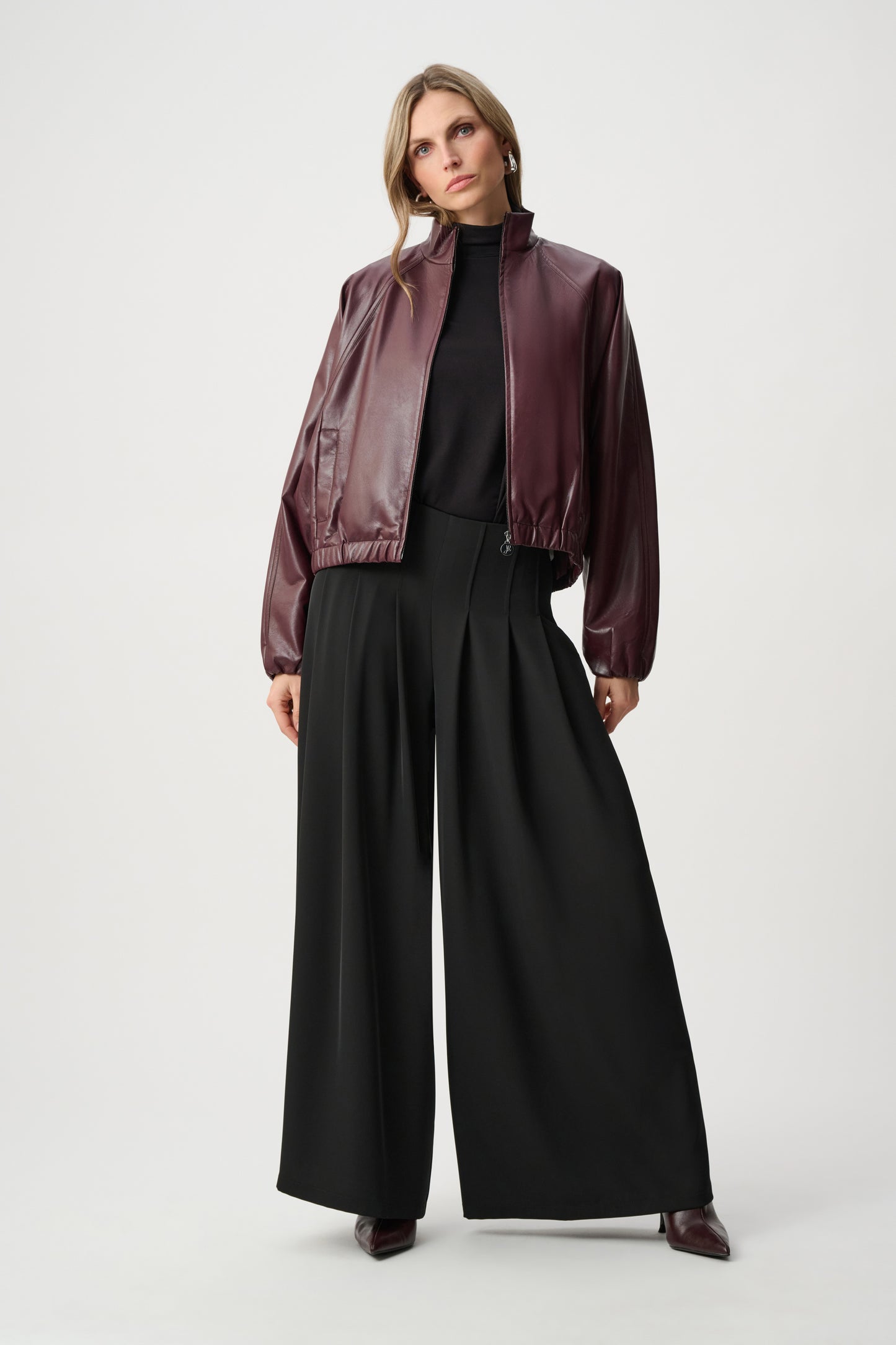 Joseph Ribkoff - Leatherette Mock-Neck Bomber Jacket