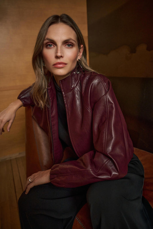 Joseph Ribkoff - Leatherette Mock-Neck Bomber Jacket
