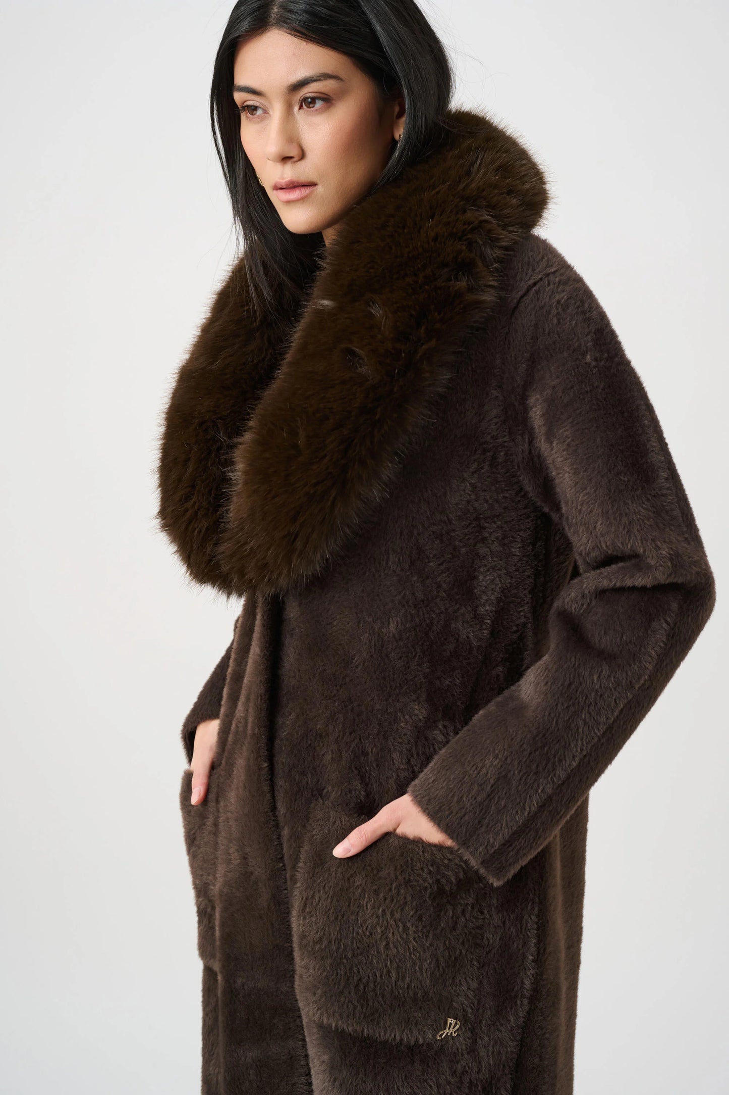 Joseph Ribkoff - Feather Yarn Knit Coat With Detachable Faux Fur Collar