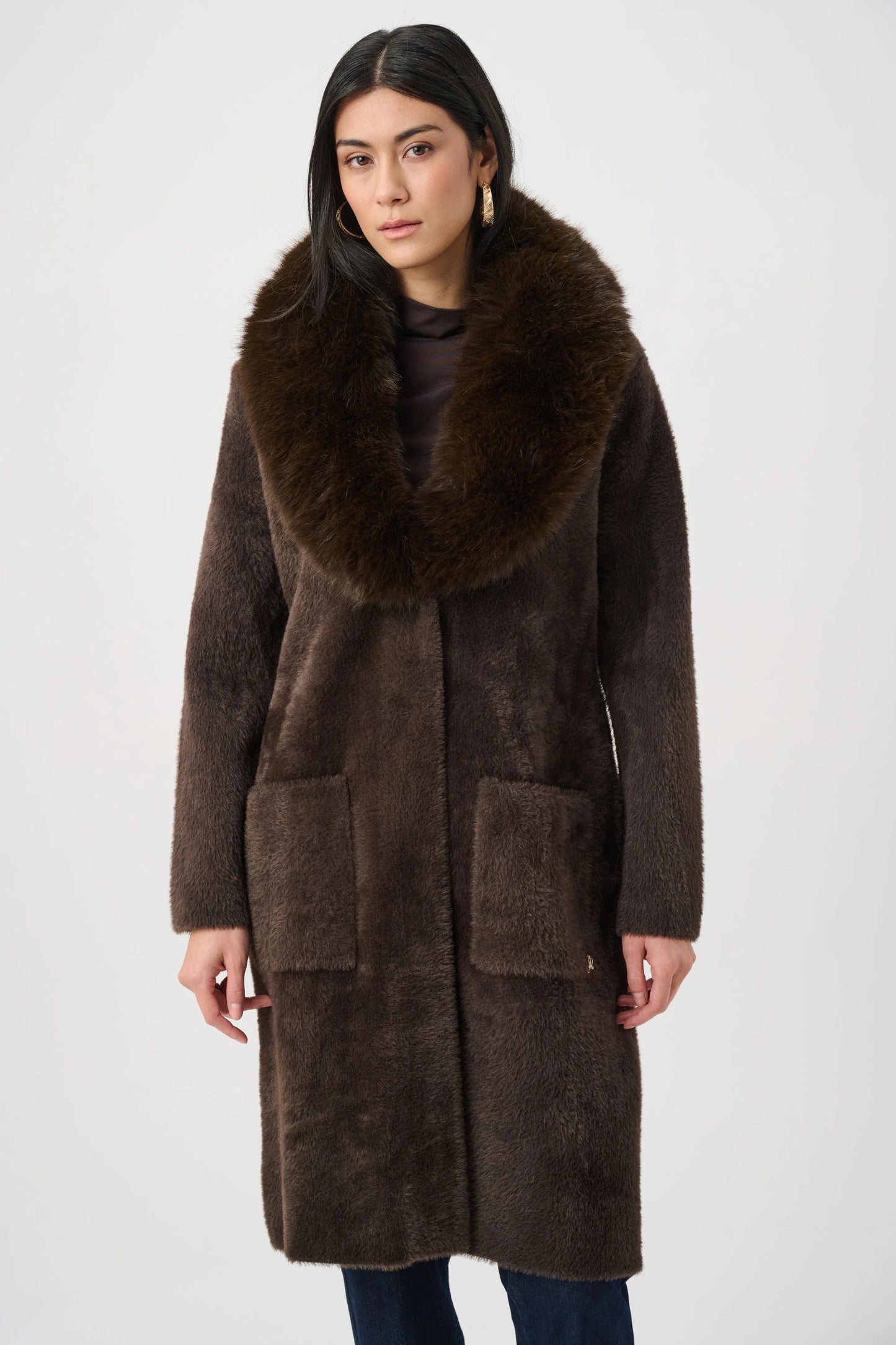 Joseph Ribkoff - Feather Yarn Knit Coat With Detachable Faux Fur Collar