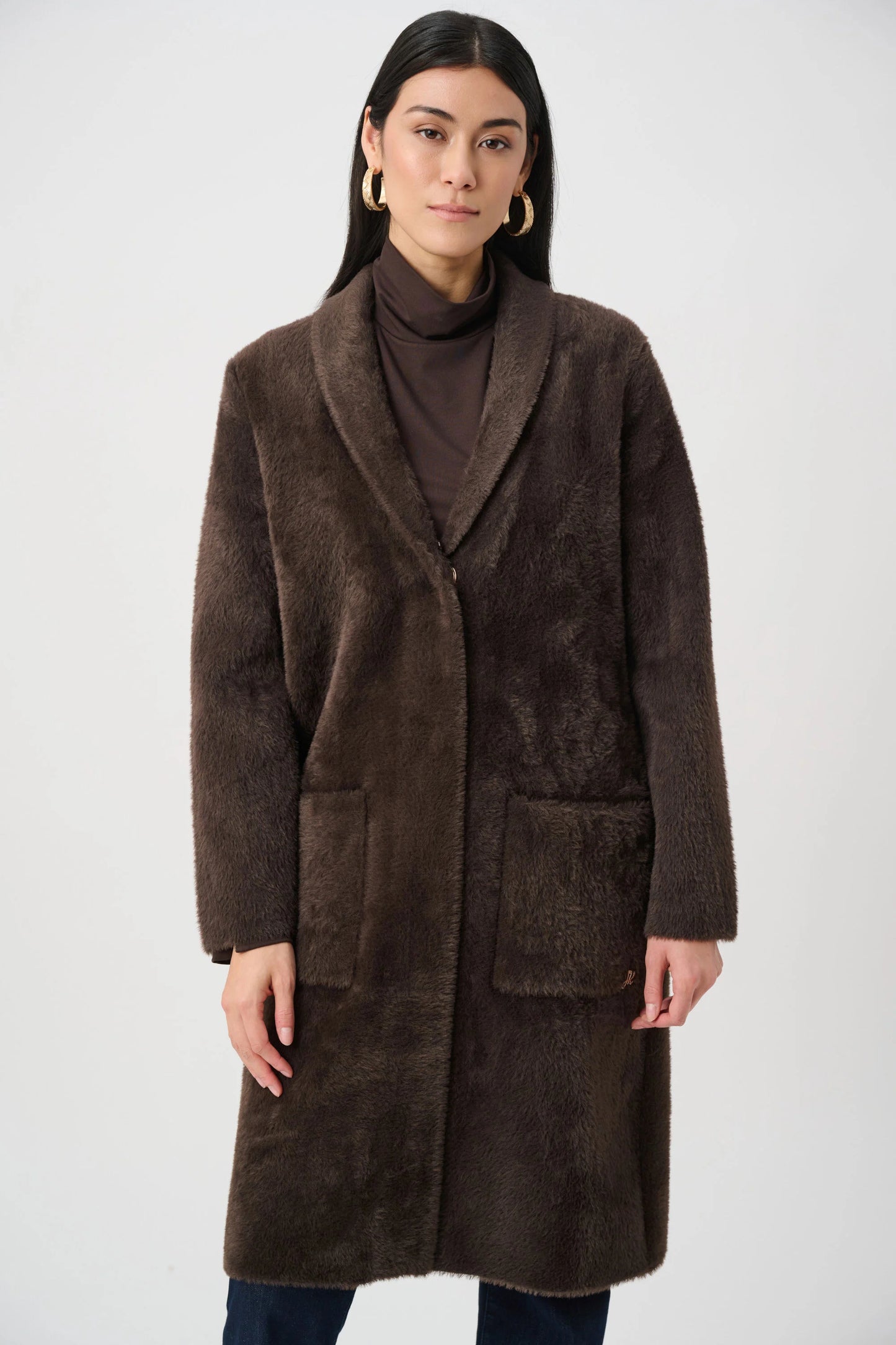 Joseph Ribkoff - Feather Yarn Knit Coat With Detachable Faux Fur Collar